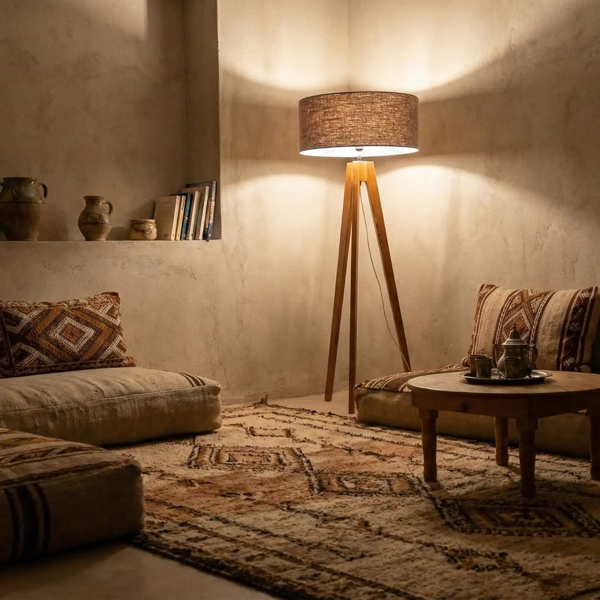 Lampadaire scandinave trépied allumé dans un salon bohème à la chaux, avec banquettes, coussins et tapis berbère