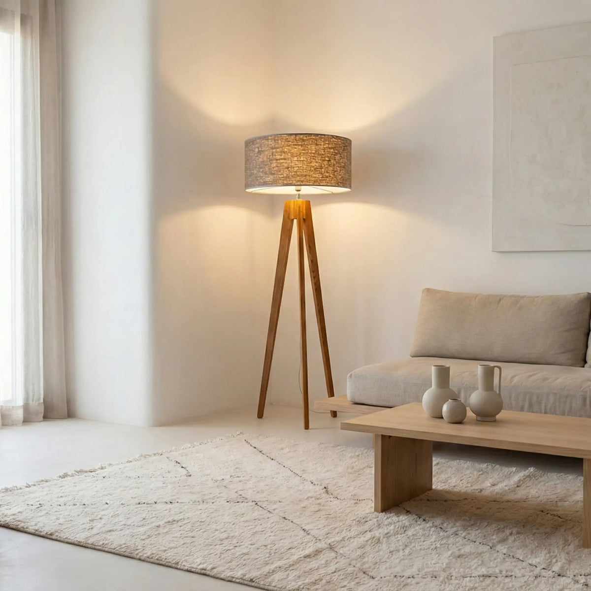 Lampadaire scandinave trépied allumé dans un salon minimaliste blanc, avec banquette beige et table basse en bois clair
