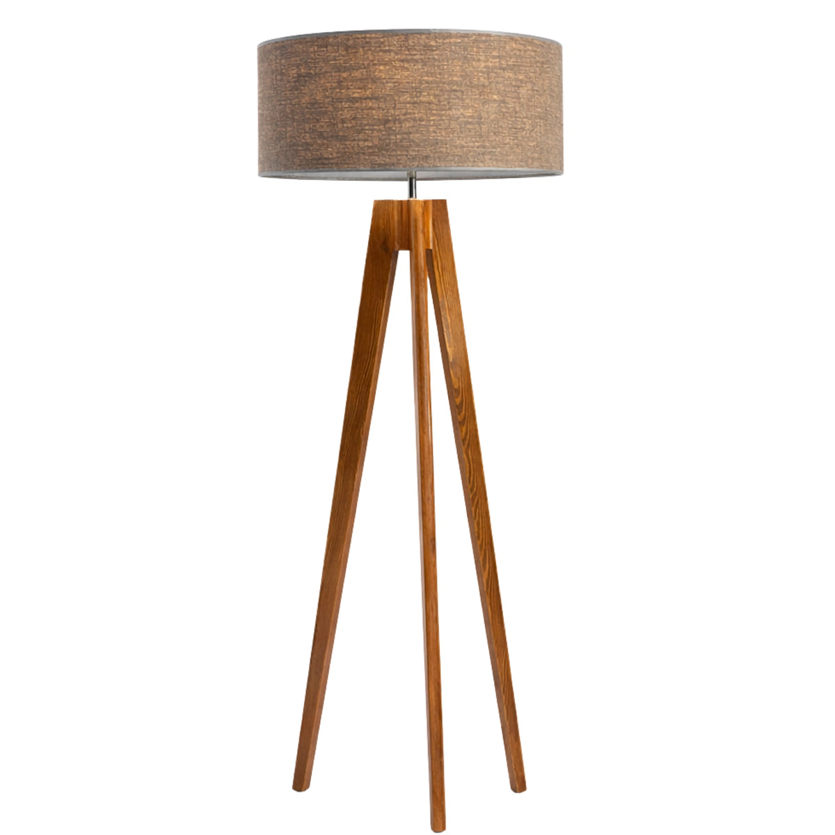 Lampadaire scandinave trépied en bois avec abat-jour tambour en tissu chiné gris taupe, sur fond blanc