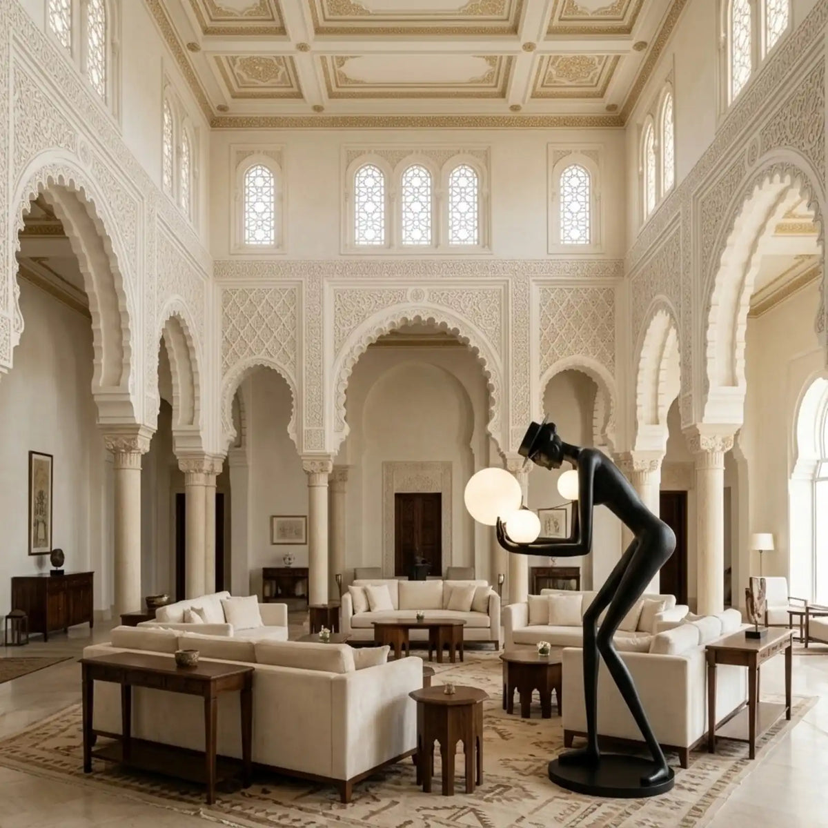Lampadaire sculpture homme noir dans un grand hall de style arabo-andalou