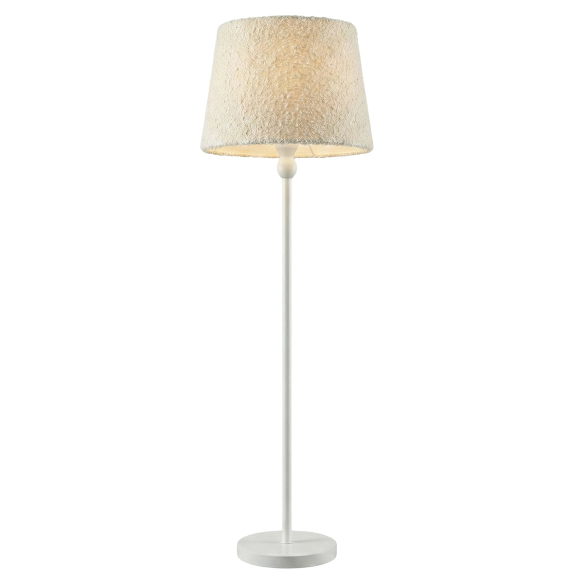 Lampadaire sur pied blanc avec tige fine, base ronde et abat-jour évasé en tissu texturé, sur fond blanc