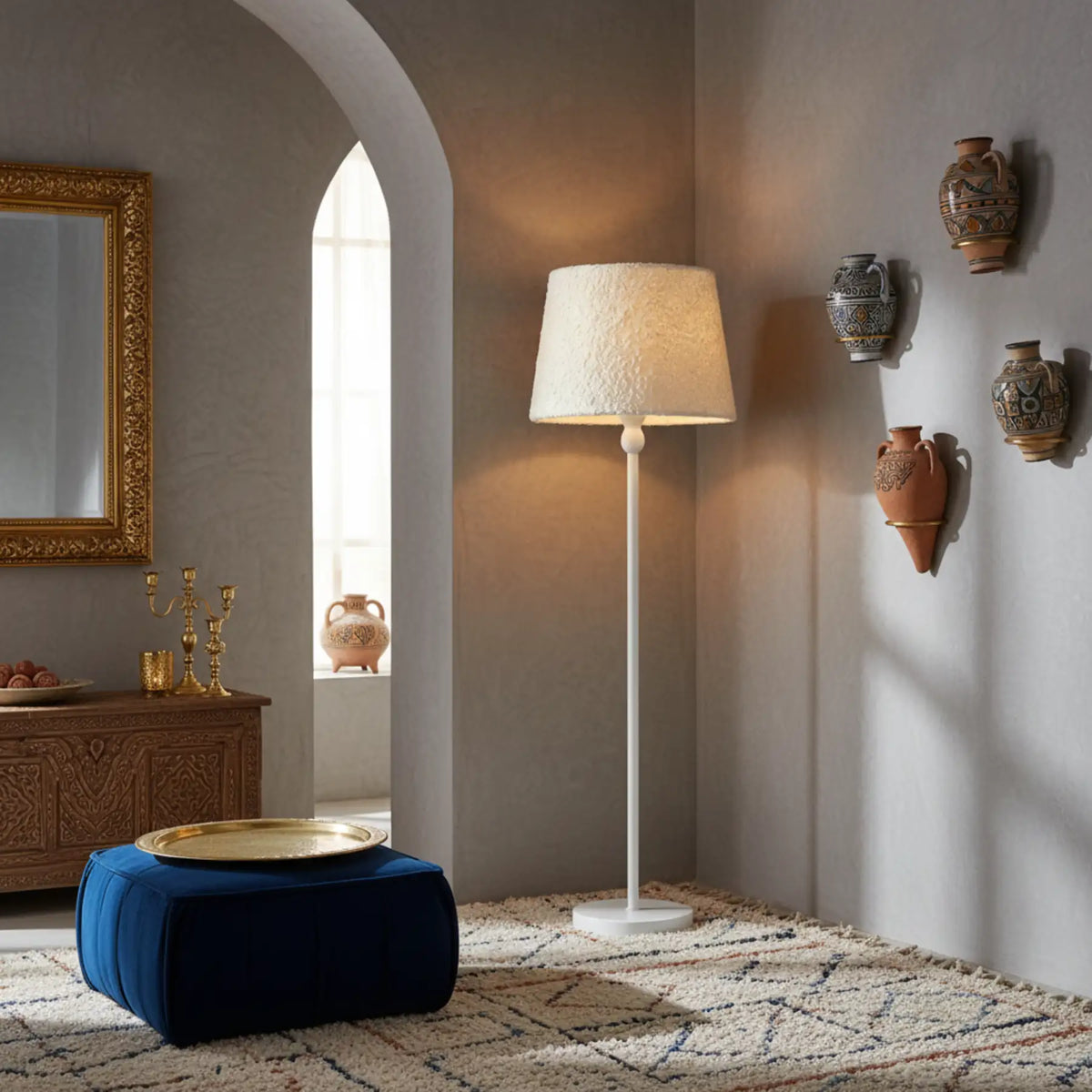 Lampadaire blanc allumé dans un angle, près d'un pouf en velours bleu et de poteries accrochées au mur