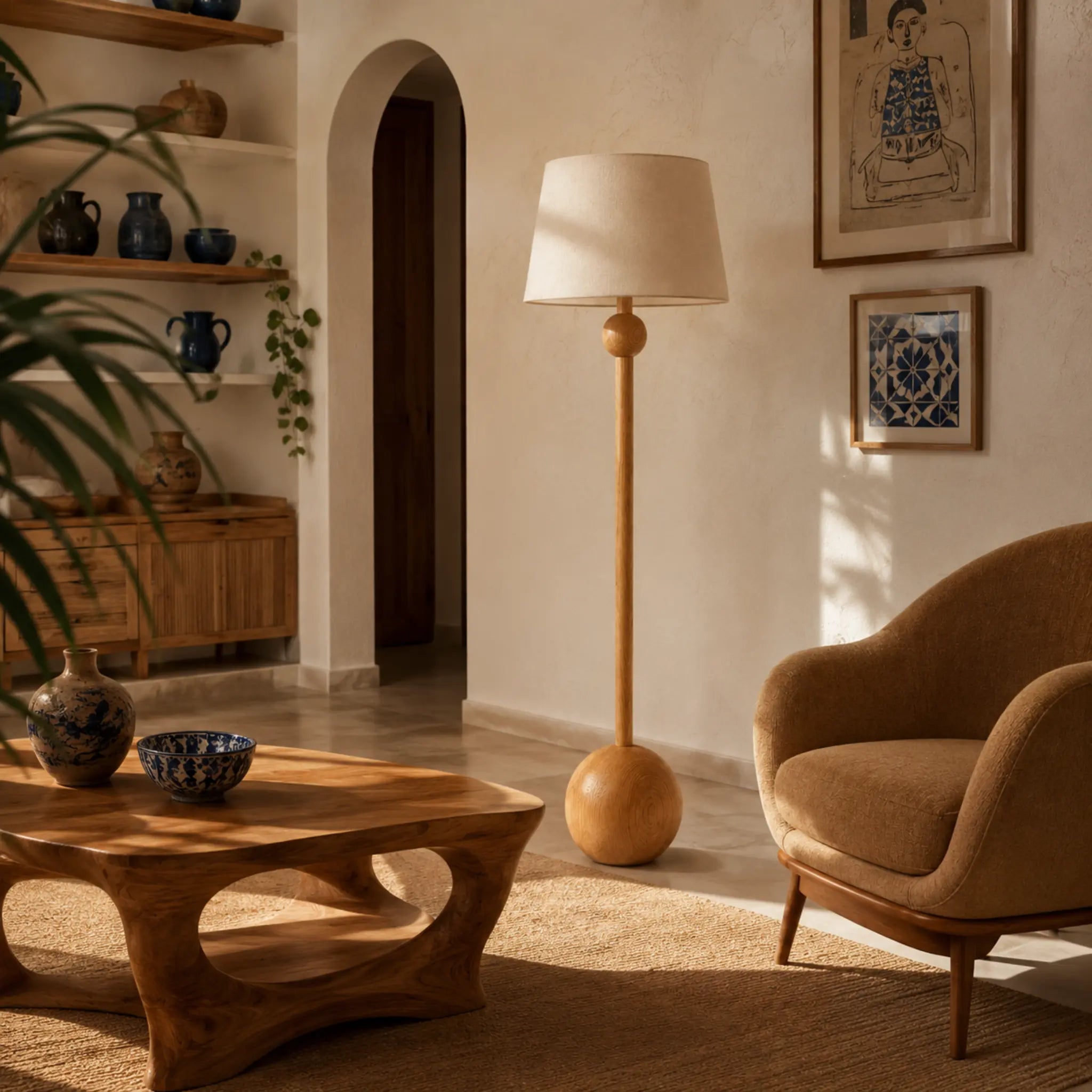 Lampadaire sur pied en bois boule dans un intérieur artisanal avec céramiques bleues et arches, décoration tunisienne