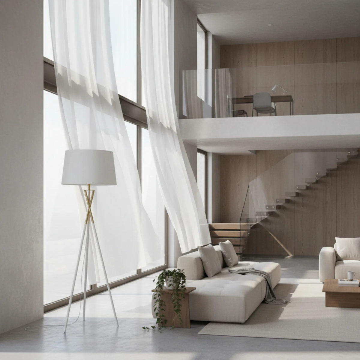 Lampadaire trépied blanc dans un duplex lumineux aux voilages blancs, avec escalier et canapé clair
