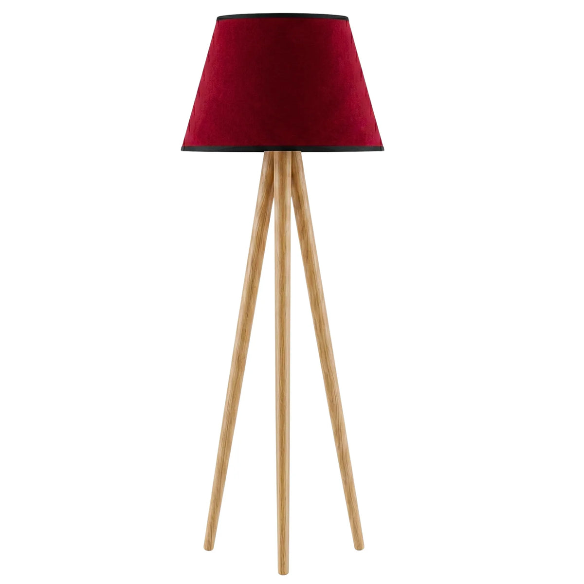 Lampadaire trépied en bois clair avec abat-jour bordeaux, sur fond blanc