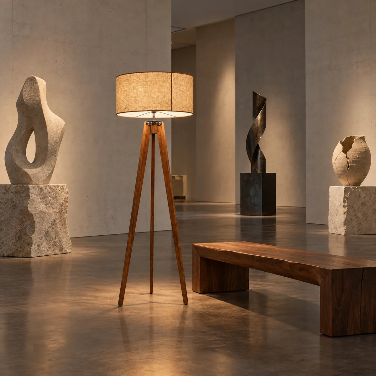 Lampadaire trépied en bois allumé dans une galerie avec sculptures sur socles et banc en bois