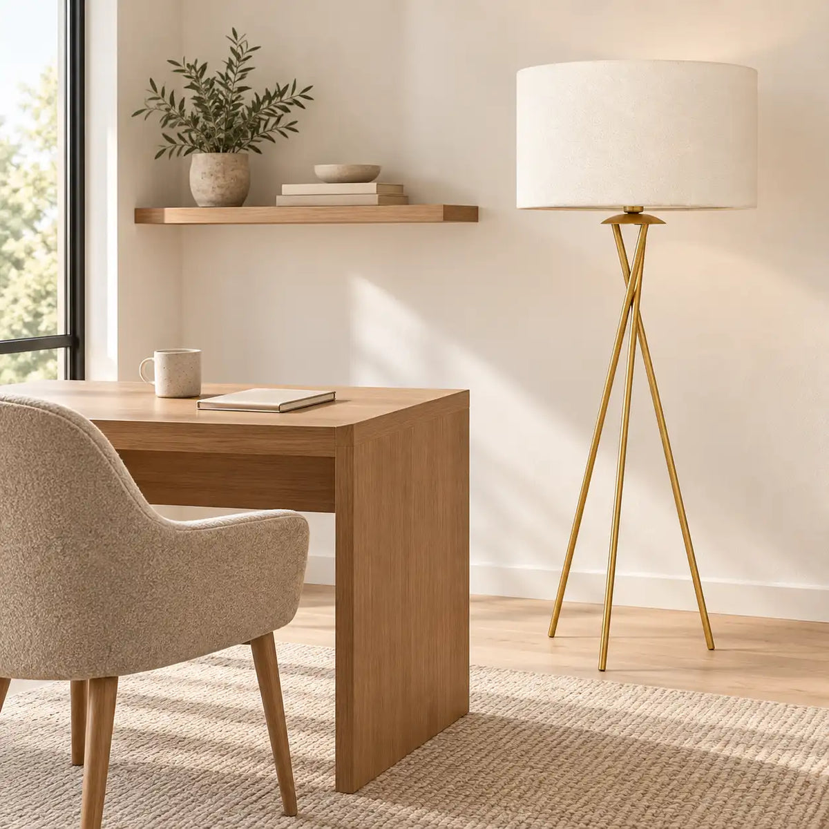 Lampadaire trépied doré à côté d'un bureau en bois clair avec chaise beige et étagère murale