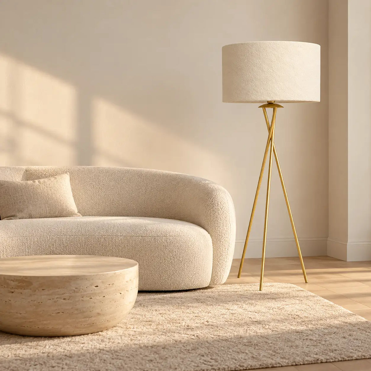 Lampadaire trépied doré derrière un canapé courbe bouclé et une table basse ronde en bois clair