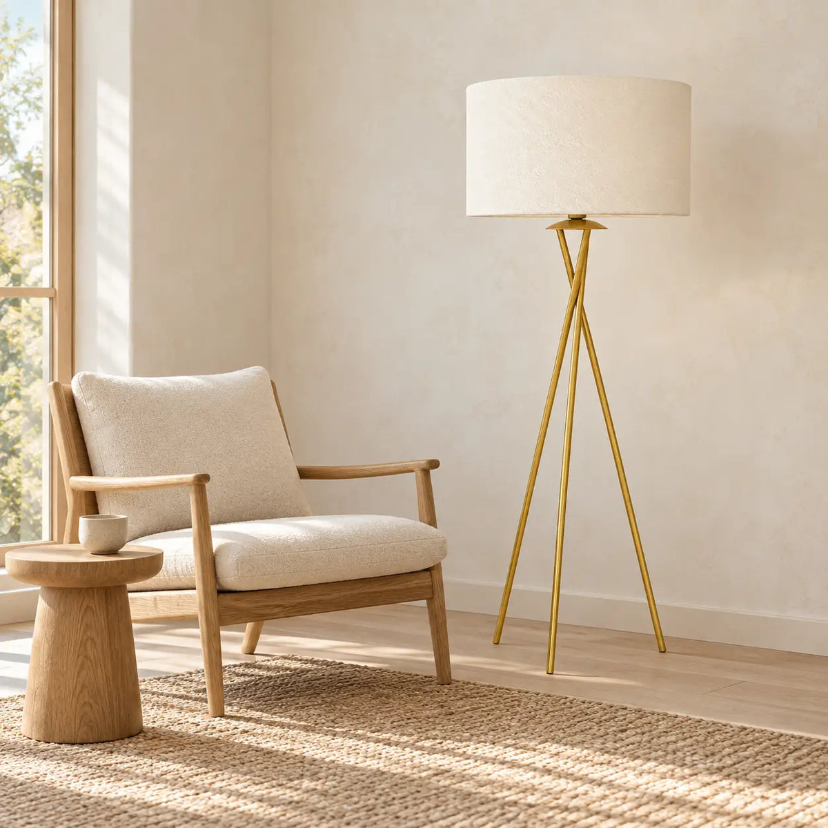 Lampadaire trépied doré près d'un fauteuil en bois à coussins crème et d'une table d'appoint ronde