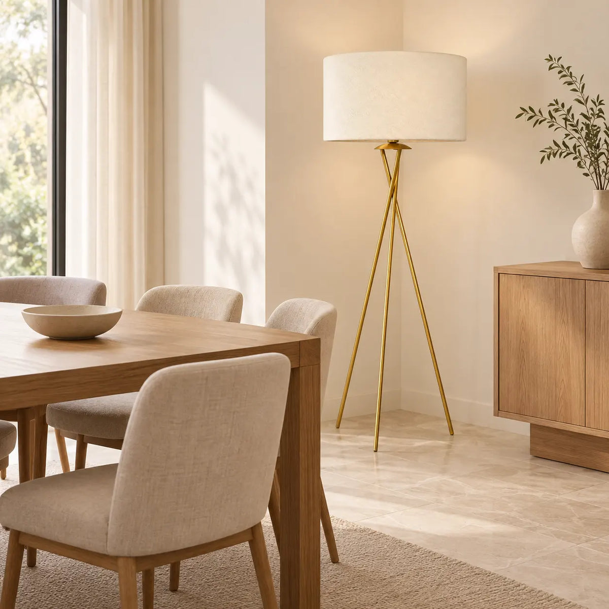 Lampadaire trépied doré dans une salle à manger, entre une table en bois aux chaises beiges et un buffet