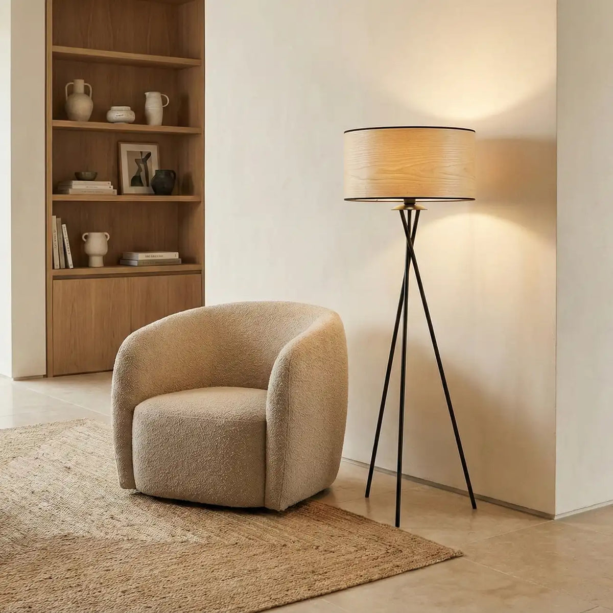 Lampadaire trépied noir à abat-jour effet bois allumé près d'un fauteuil en bouclette et d'une bibliothèque