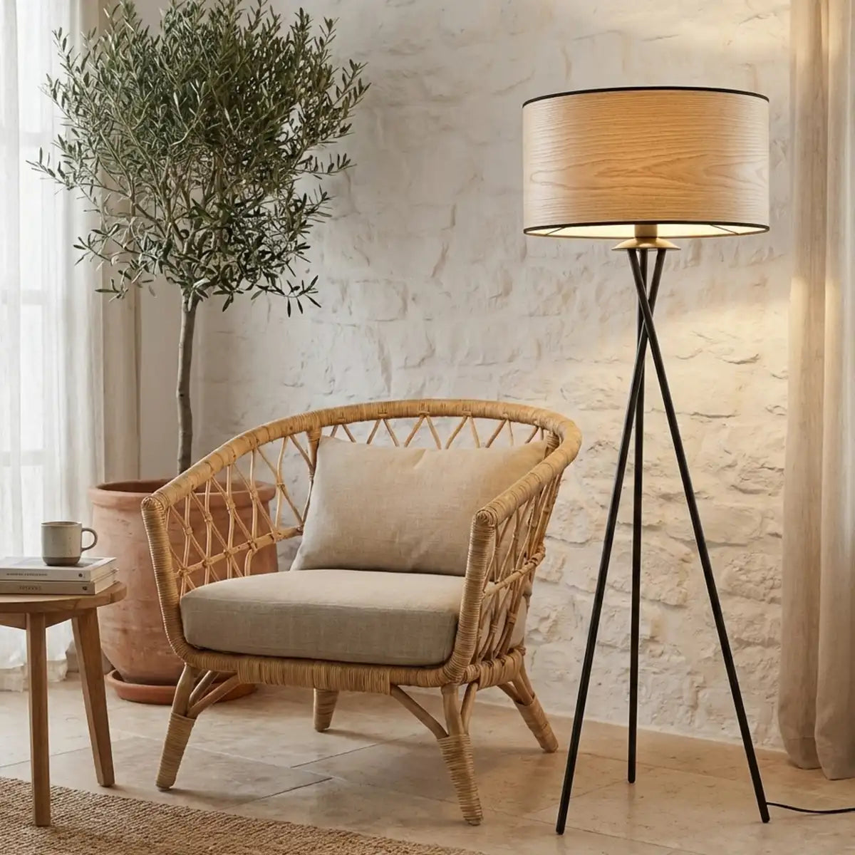 Lampadaire trépied noir à abat-jour effet bois près d'un fauteuil en rotin et d'un olivier en pot, mur en pierre blanche