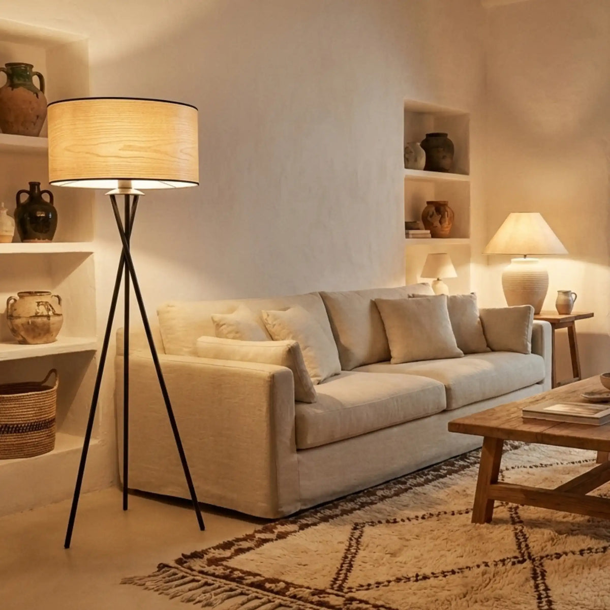 Salon aux niches murales avec lampadaire trépied noir allumé, canapé beige et tapis berbère