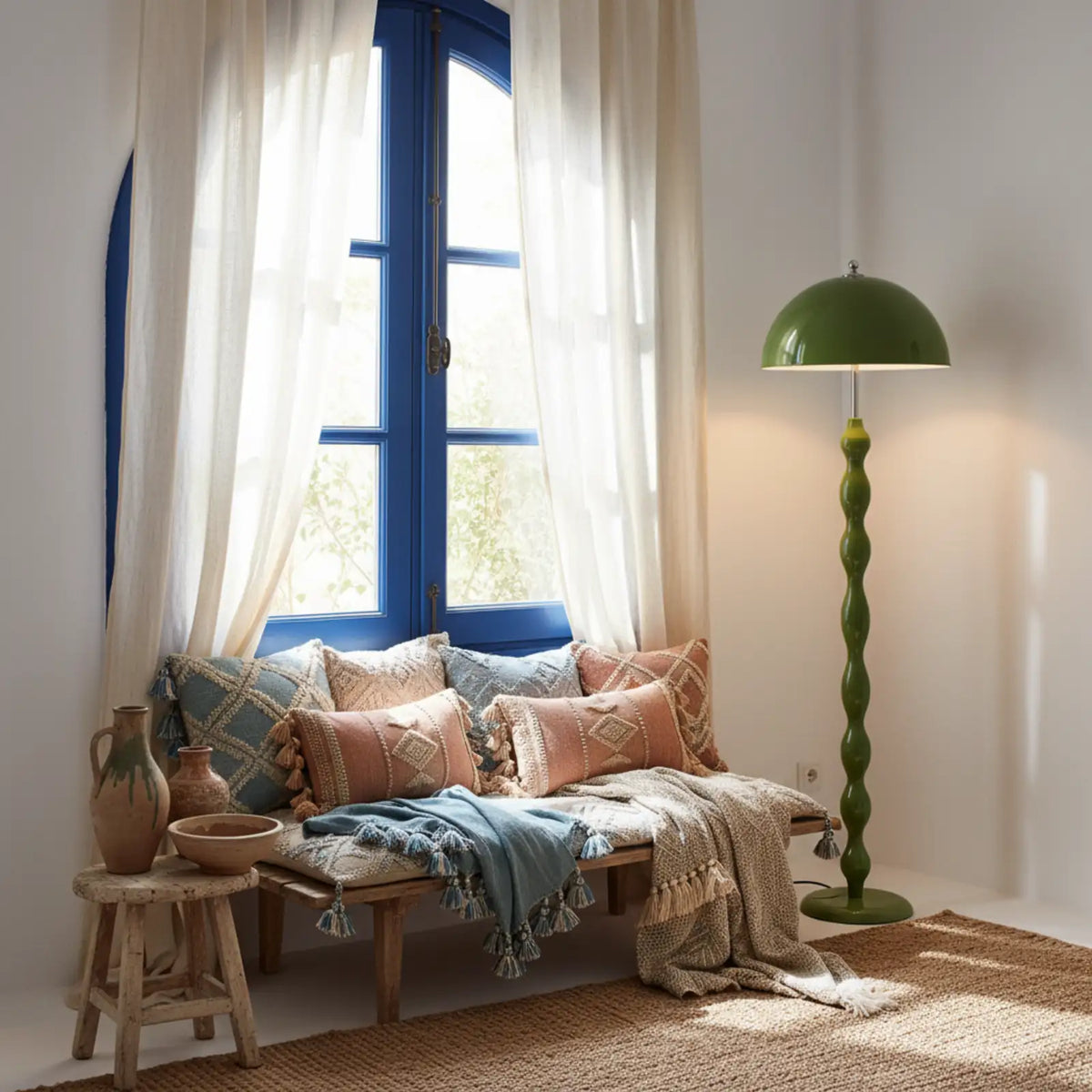 Lampadaire vert olive allumé près d'une banquette à coussins, sous une fenêtre bleue de style méditerranéen