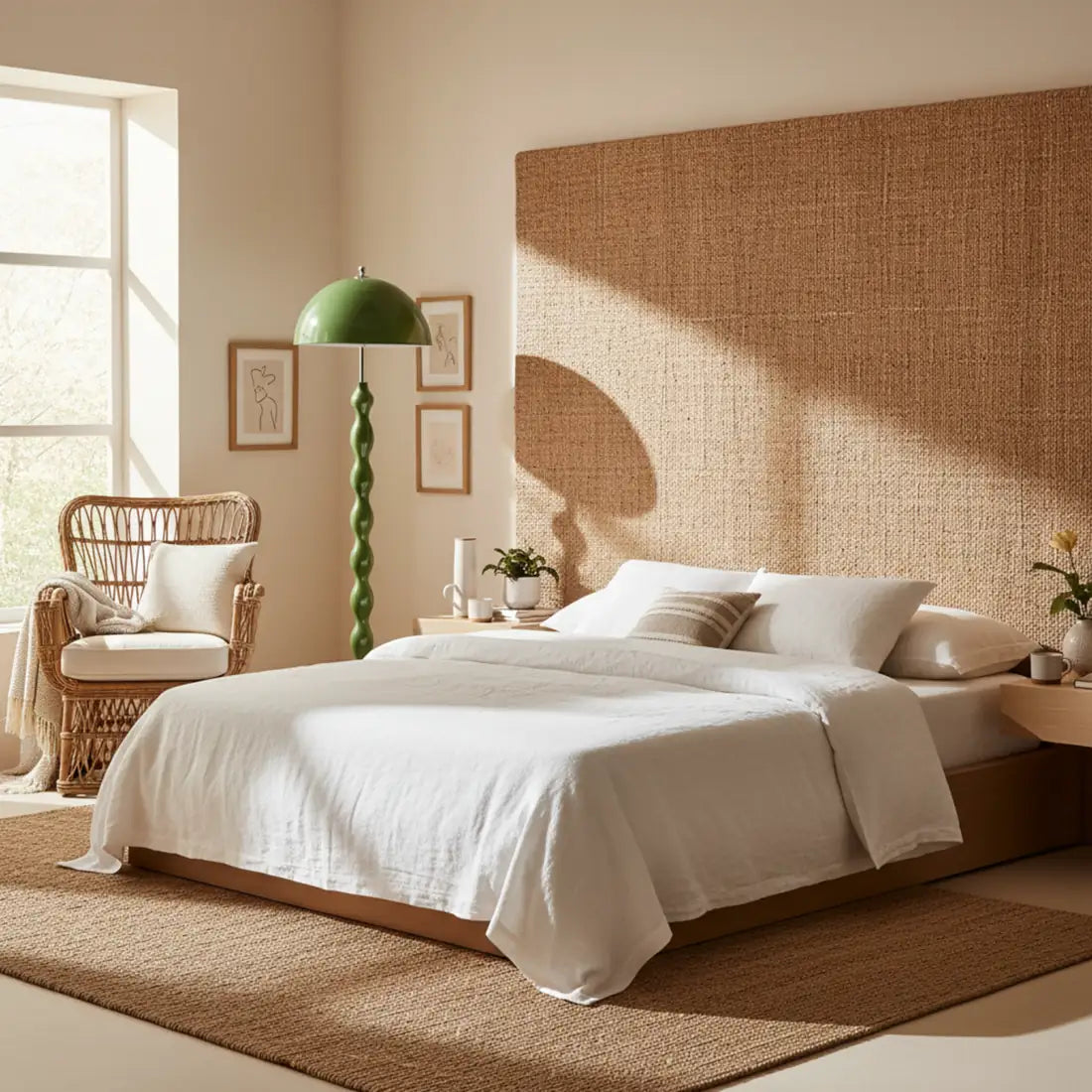 Lampadaire vert olive dans une chambre, entre un fauteuil en rotin et un lit en lin blanc