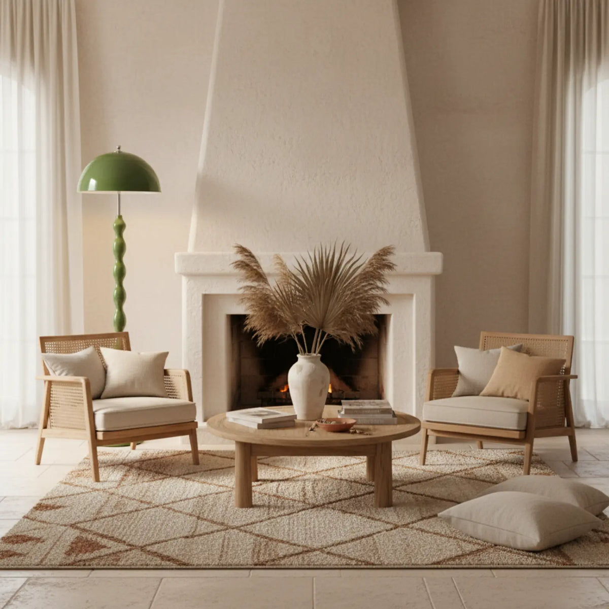 Lampadaire vert olive près d'un fauteuil en cannage, dans un salon avec cheminée blanche