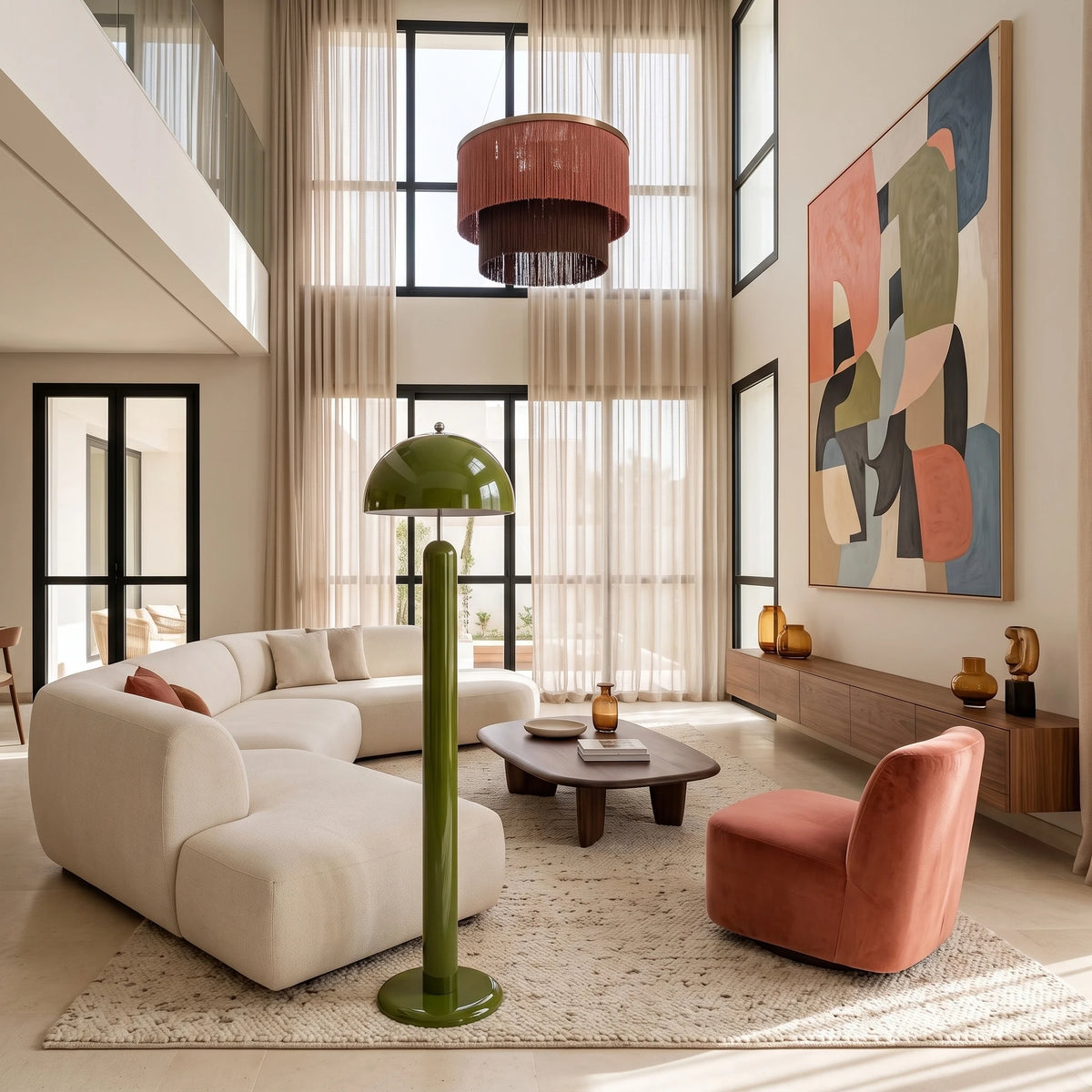 Lampadaire vert olive à pied fin près d'un canapé courbe blanc et d'un fauteuil terracotta