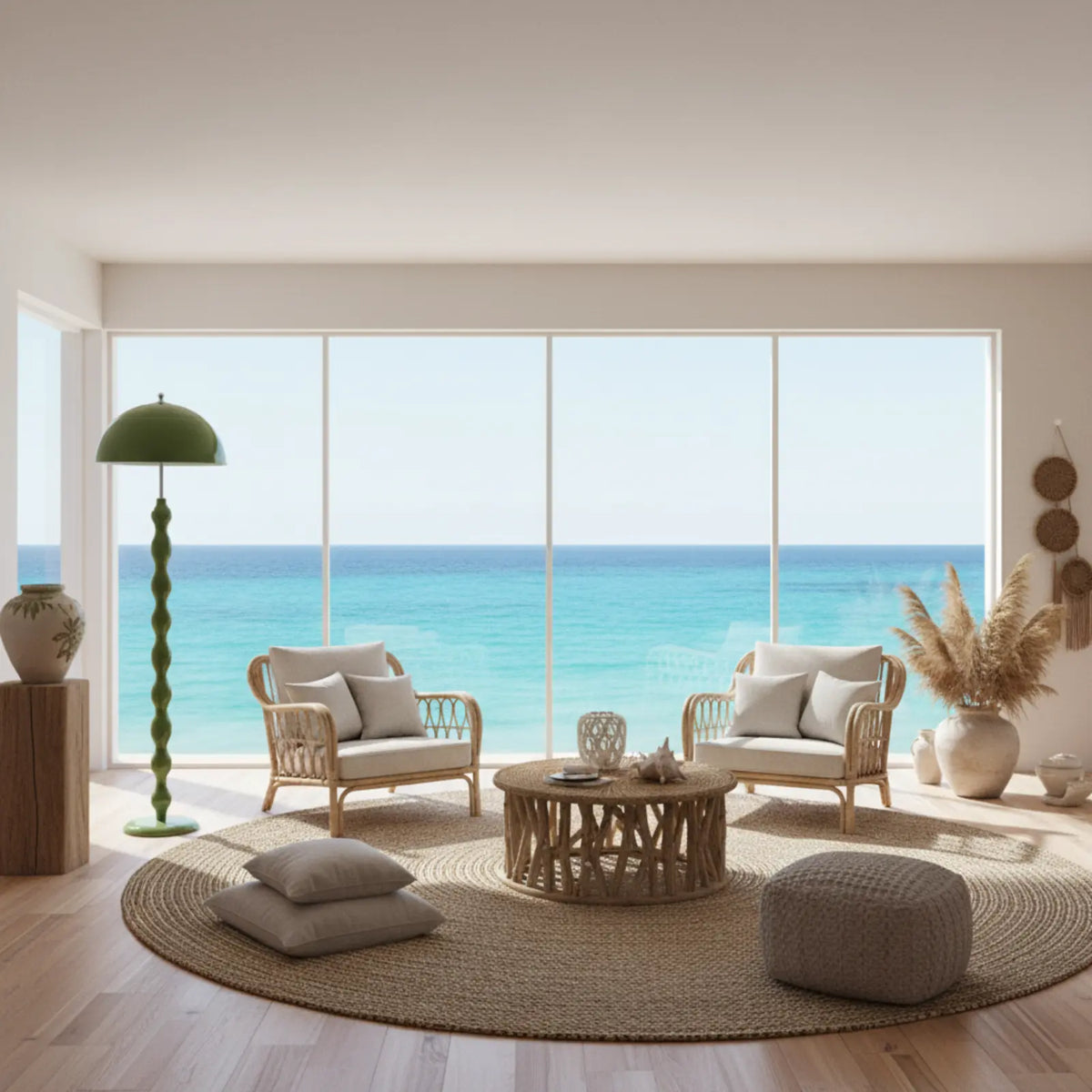 Lampadaire vert olive dans un salon lumineux avec vue sur la mer et fauteuils en rotin