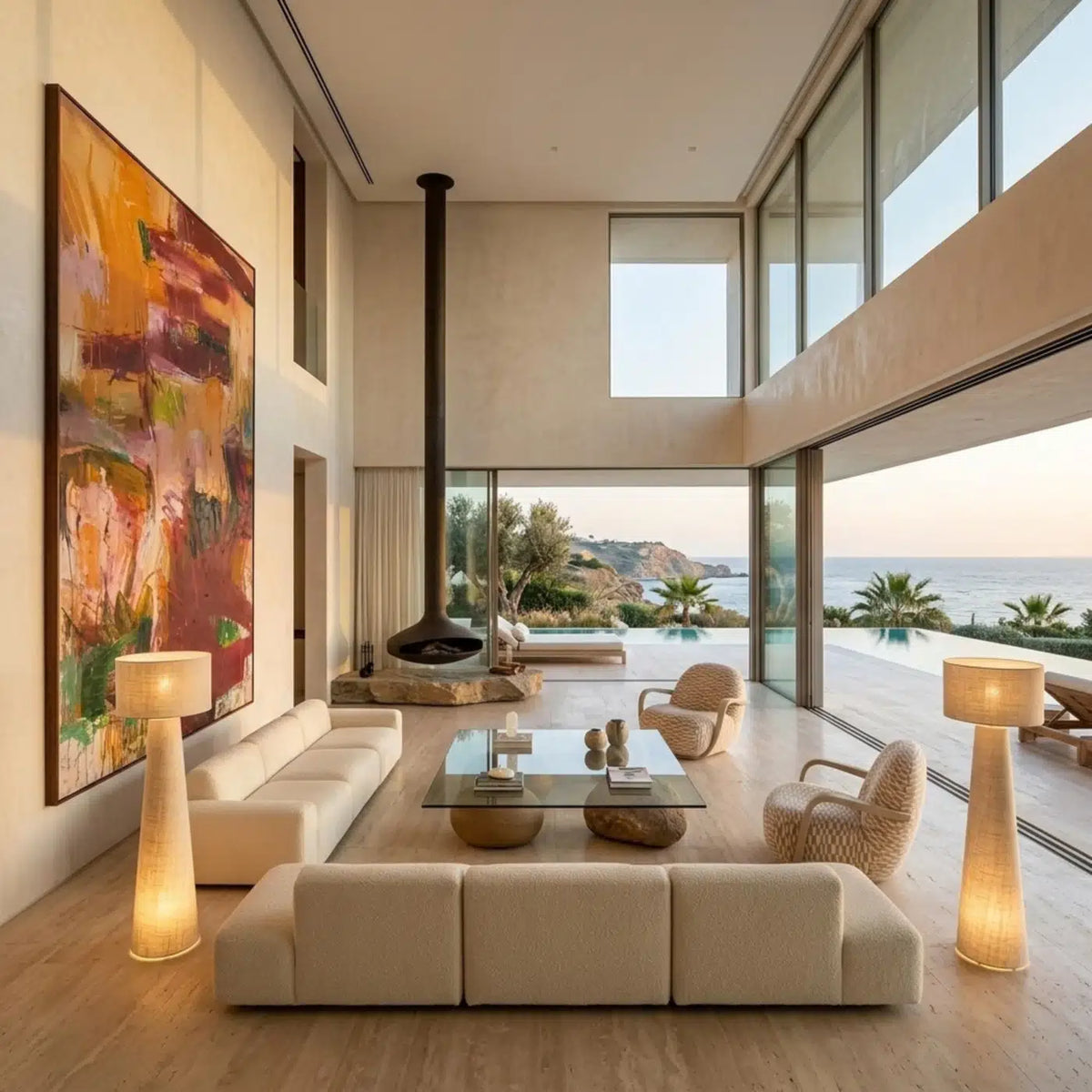 Deux lampadaires en lin allumés de part et d'autre d'un salon de villa à double hauteur avec vue sur la mer