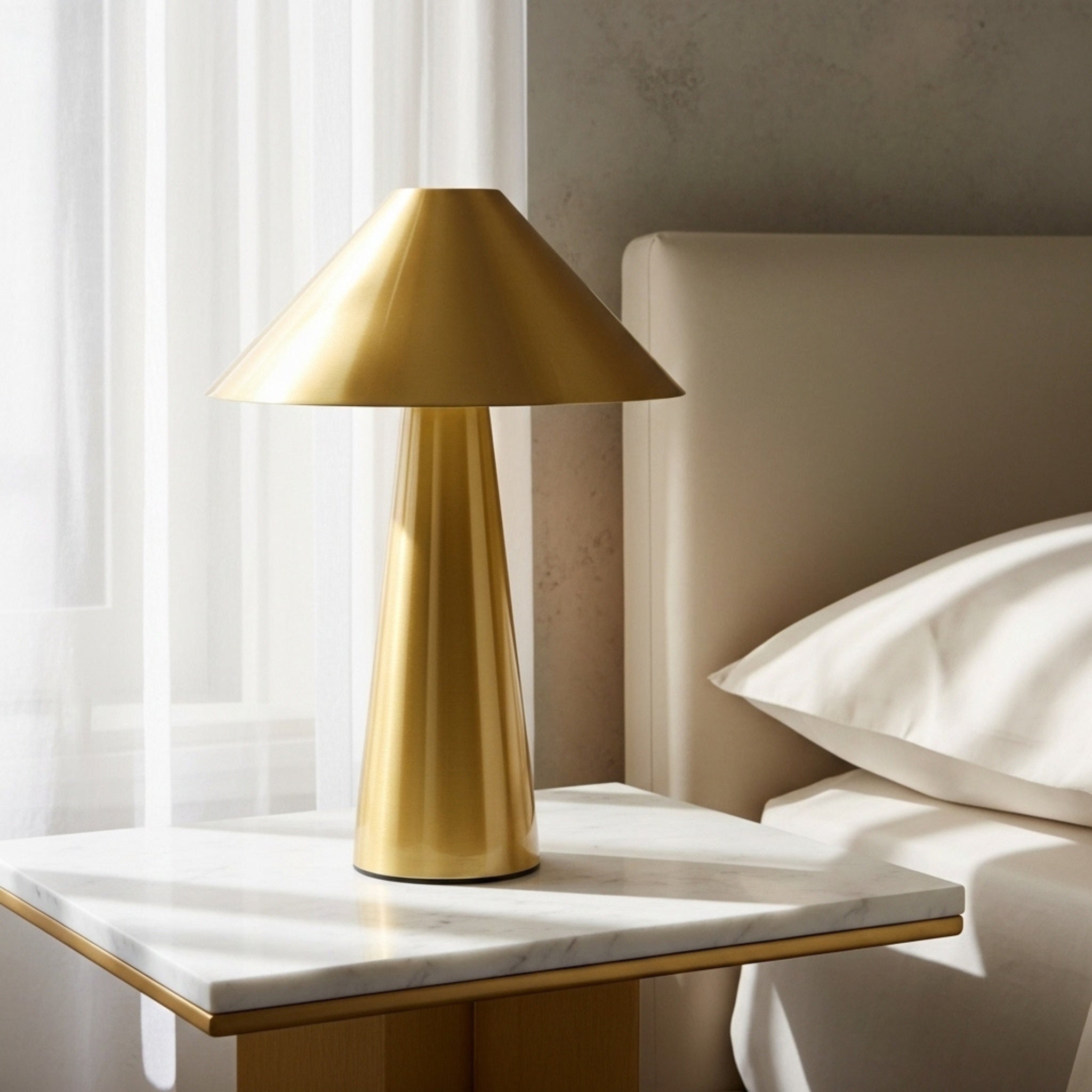 Lampe de chevet LED dorée sur une table de nuit, un luminaire moderne pour chambre en Tunisie.