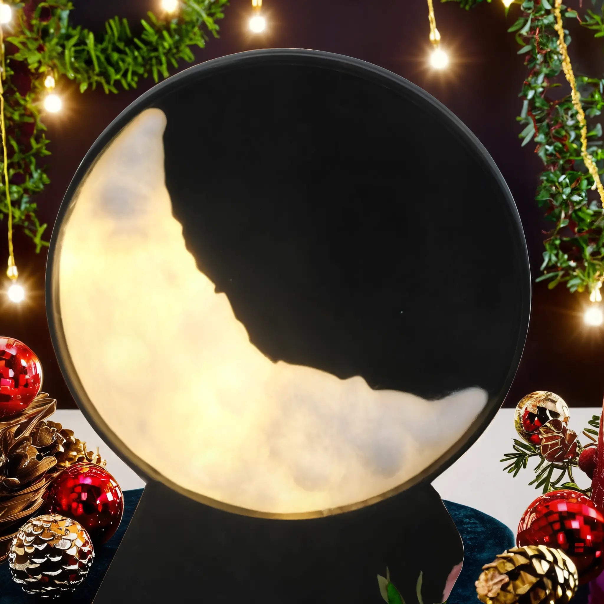 Lampe en croissant de lune rayonnante, décorée avec des ornements festifs, des pommes de pin et des guirlandes lumineuses.