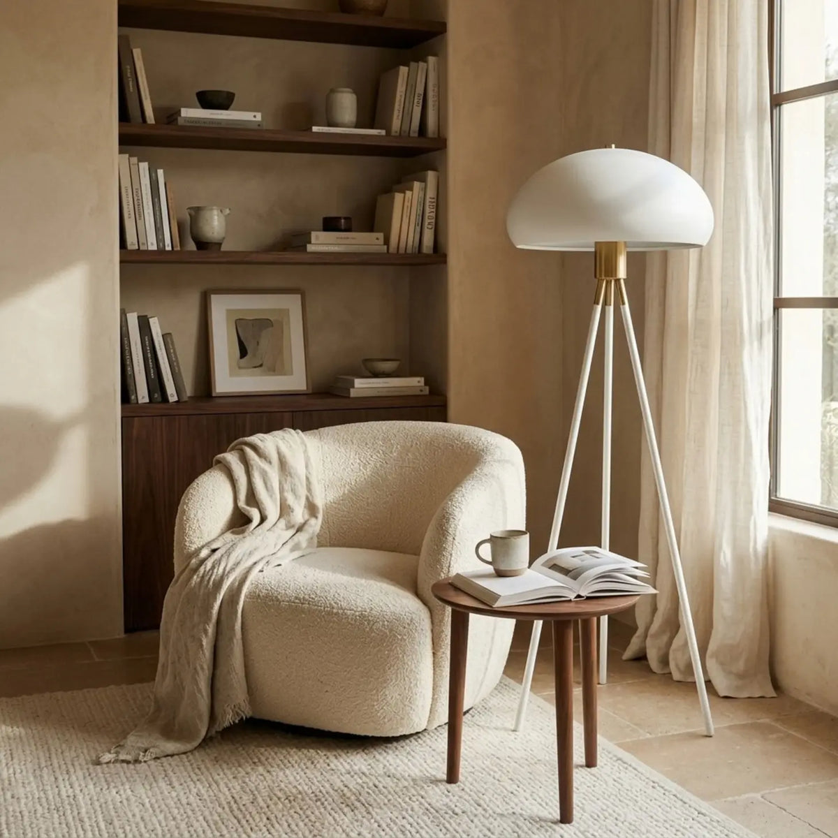 Lampadaire champignon blanc dans un coin lecture, au-dessus d'un fauteuil bouclette et d'une petite table en bois devant une bibliothèque