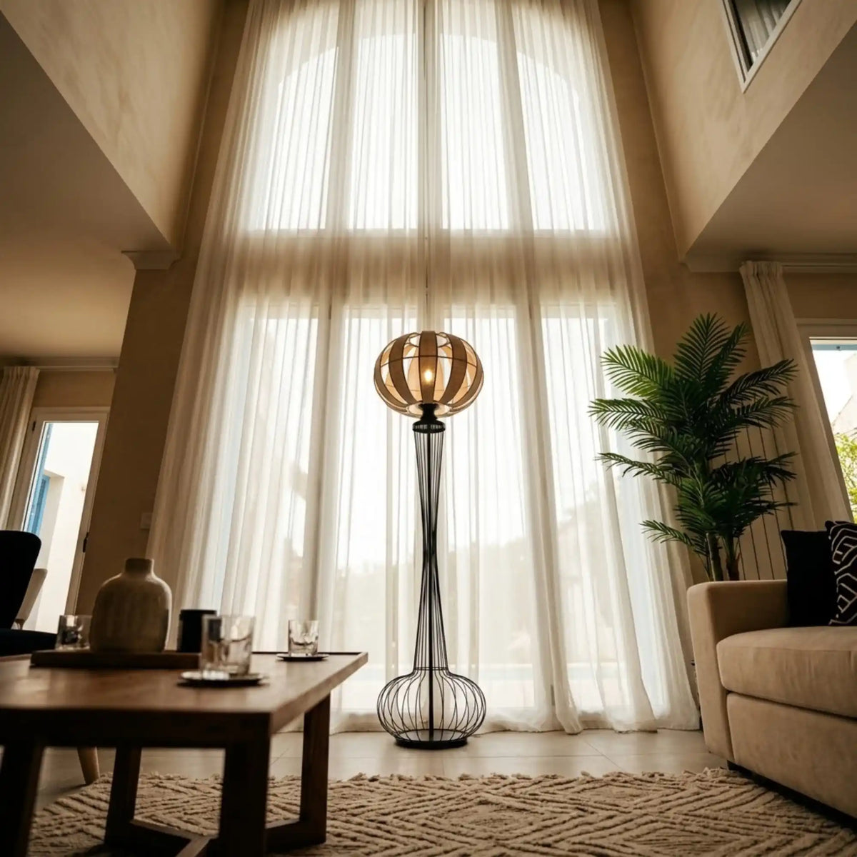 Lampe sur pied en cage de métal noir devant de grands voilages blancs, près d'une table basse en bois et d'un palmier en pot