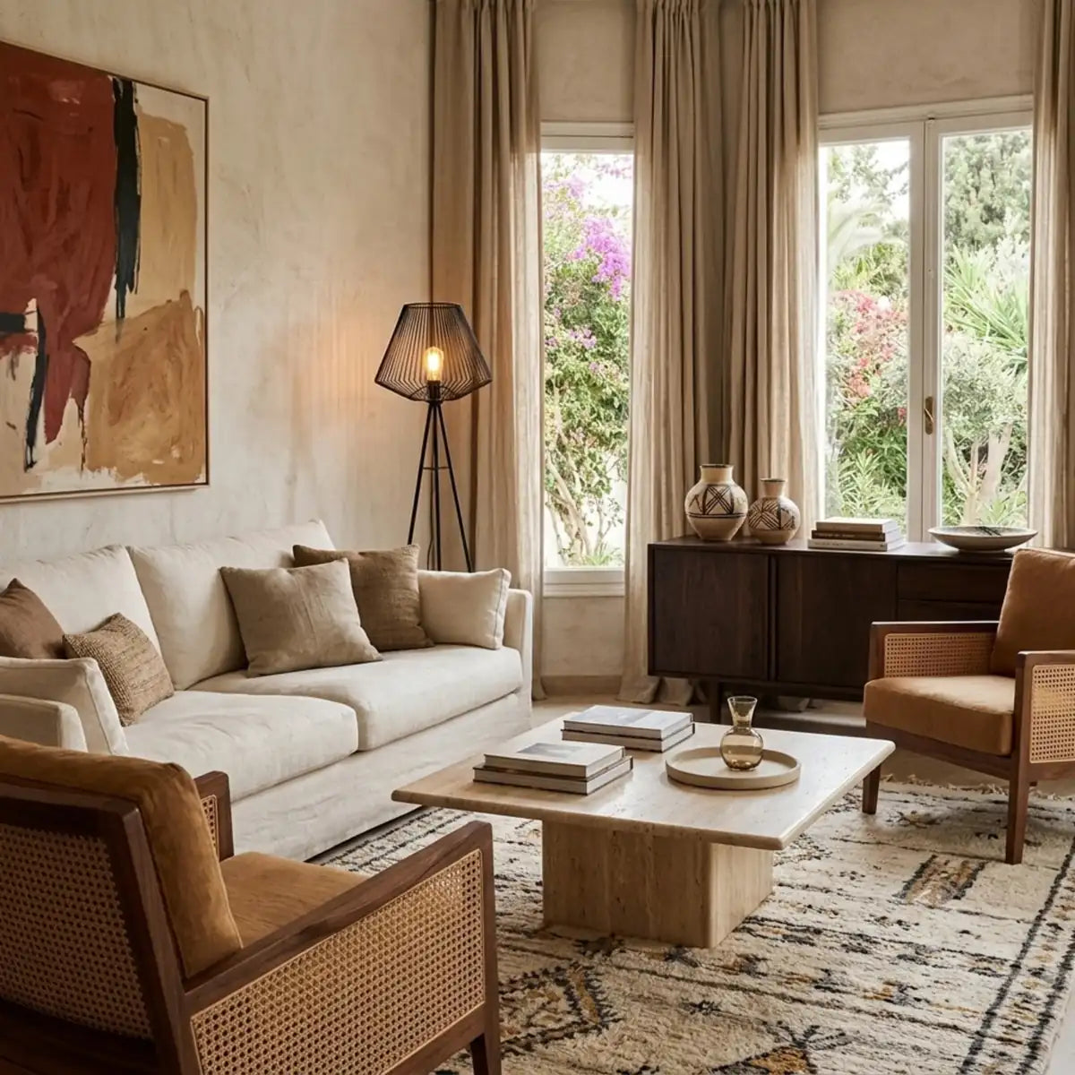 Lampe sur pied filaire dans un grand salon lumineux avec canapé blanc, fauteuils cannés, tapis berbère et portes-fenêtres