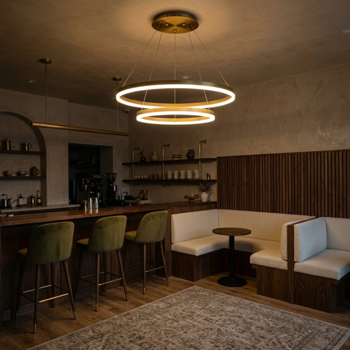 Lustre à anneaux LED doré dans un bar à café en soirée