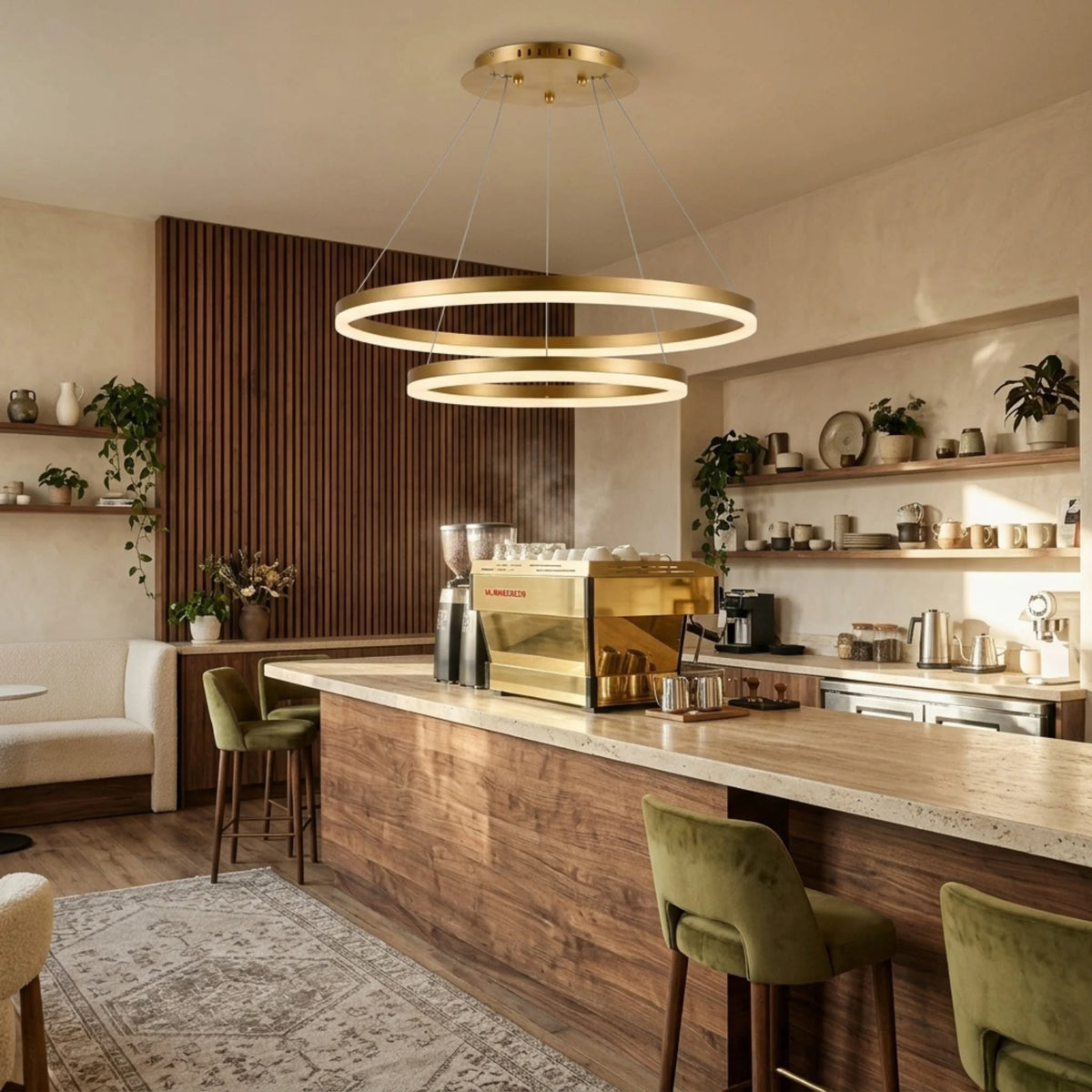 Lustre à anneaux LED doré au-dessus d'un comptoir de café