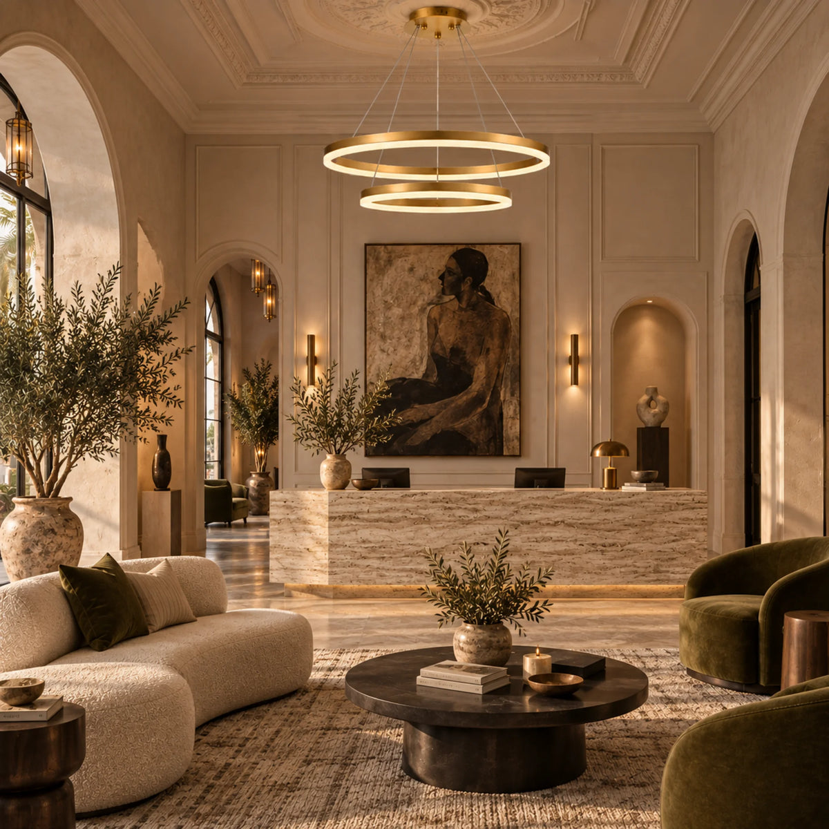 Lustre à anneaux LED doré dans un hall d'hôtel avec réception en travertin