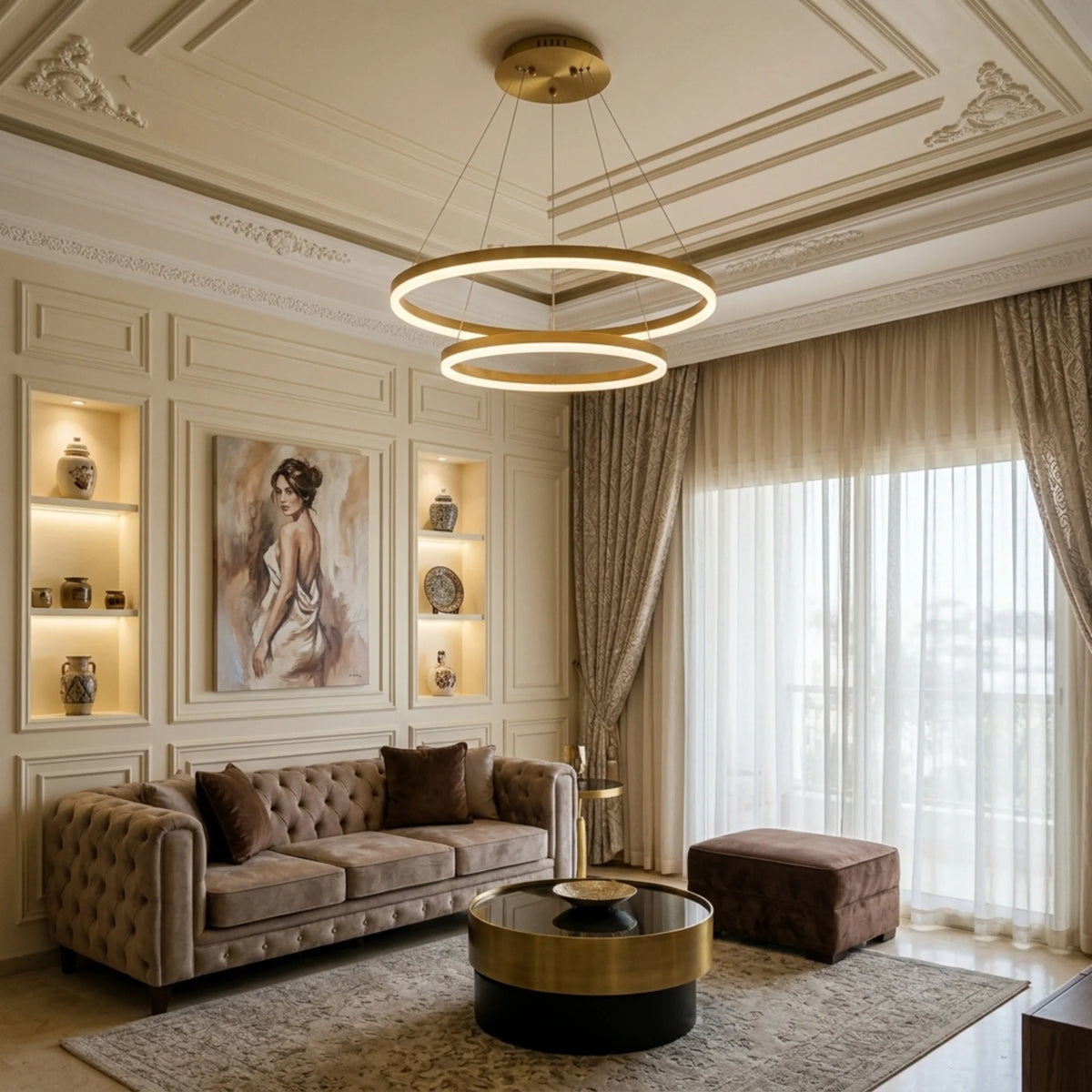 Lustre à anneaux LED doré au-dessus d'un canapé chesterfield dans un salon classique