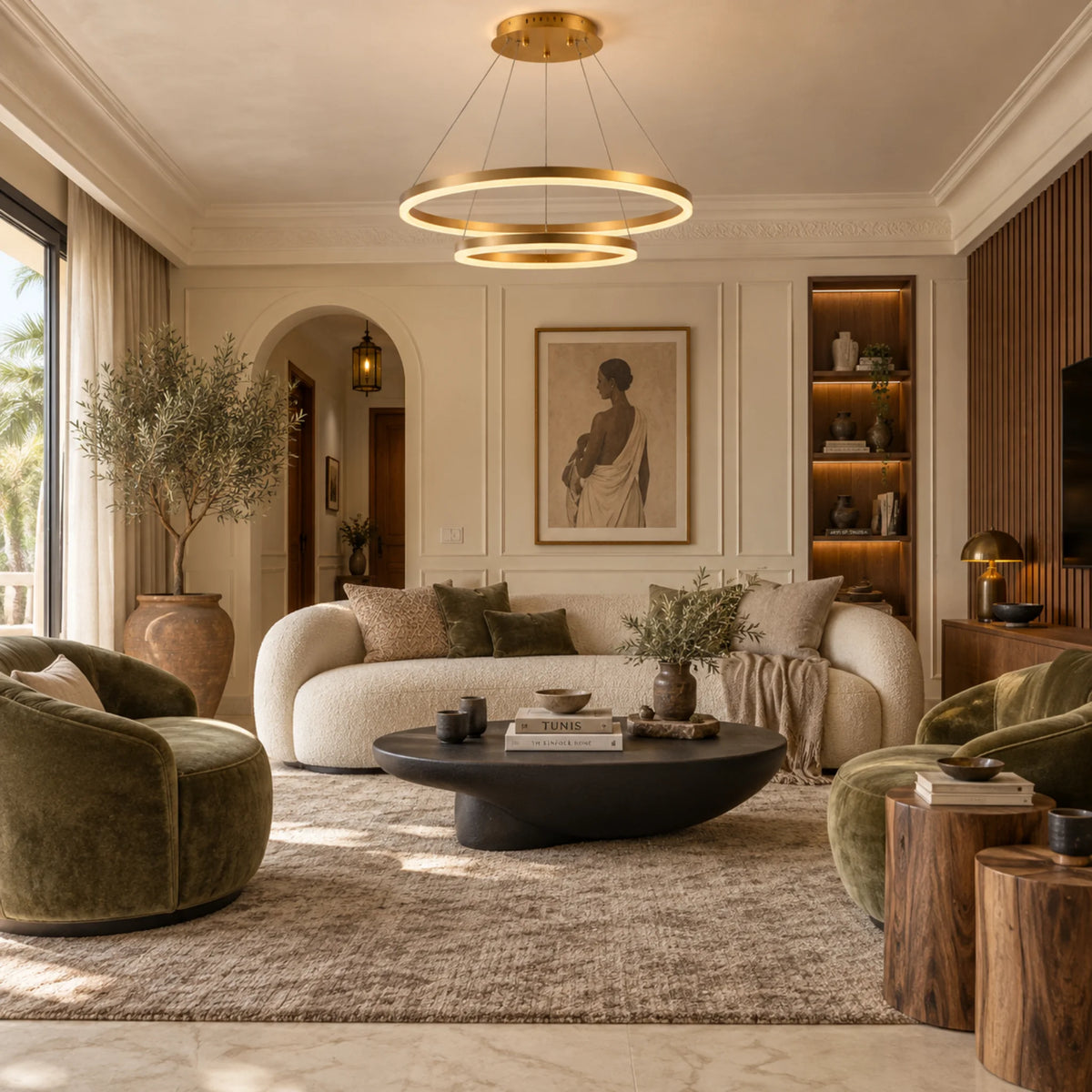 Lustre à anneaux LED doré dans un salon de villa avec fauteuils verts et olivier