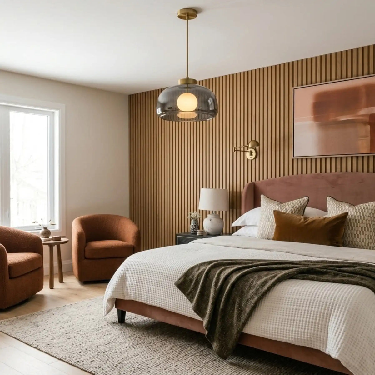 Lustre en verre fumé noir allumé dans une chambre aux tasseaux de bois, fauteuils rouille et lit en velours rose