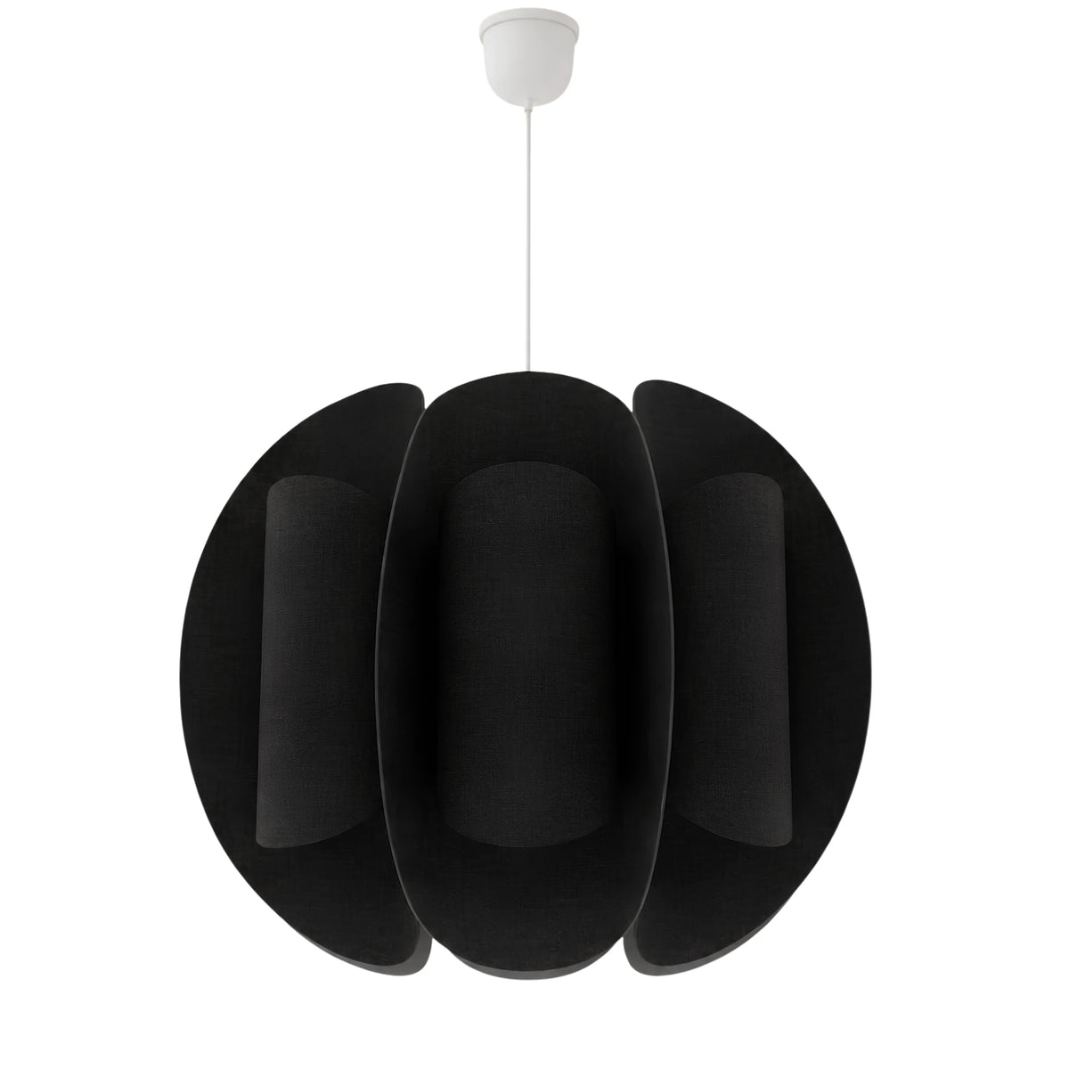 Lustre Corolle noir en tissu à pétales arrondis de Fiolla Home, câble blanc, sur fond blanc