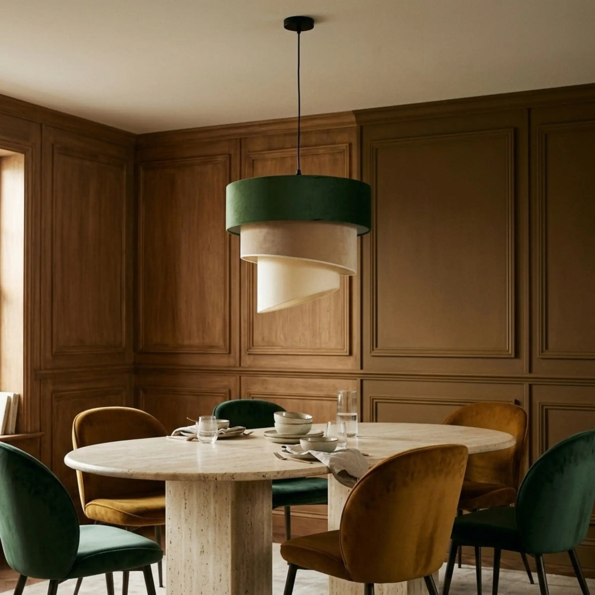 Lustre en velours vert au-dessus d'une table ronde en travertin, salle à manger aux boiseries et chaises velours