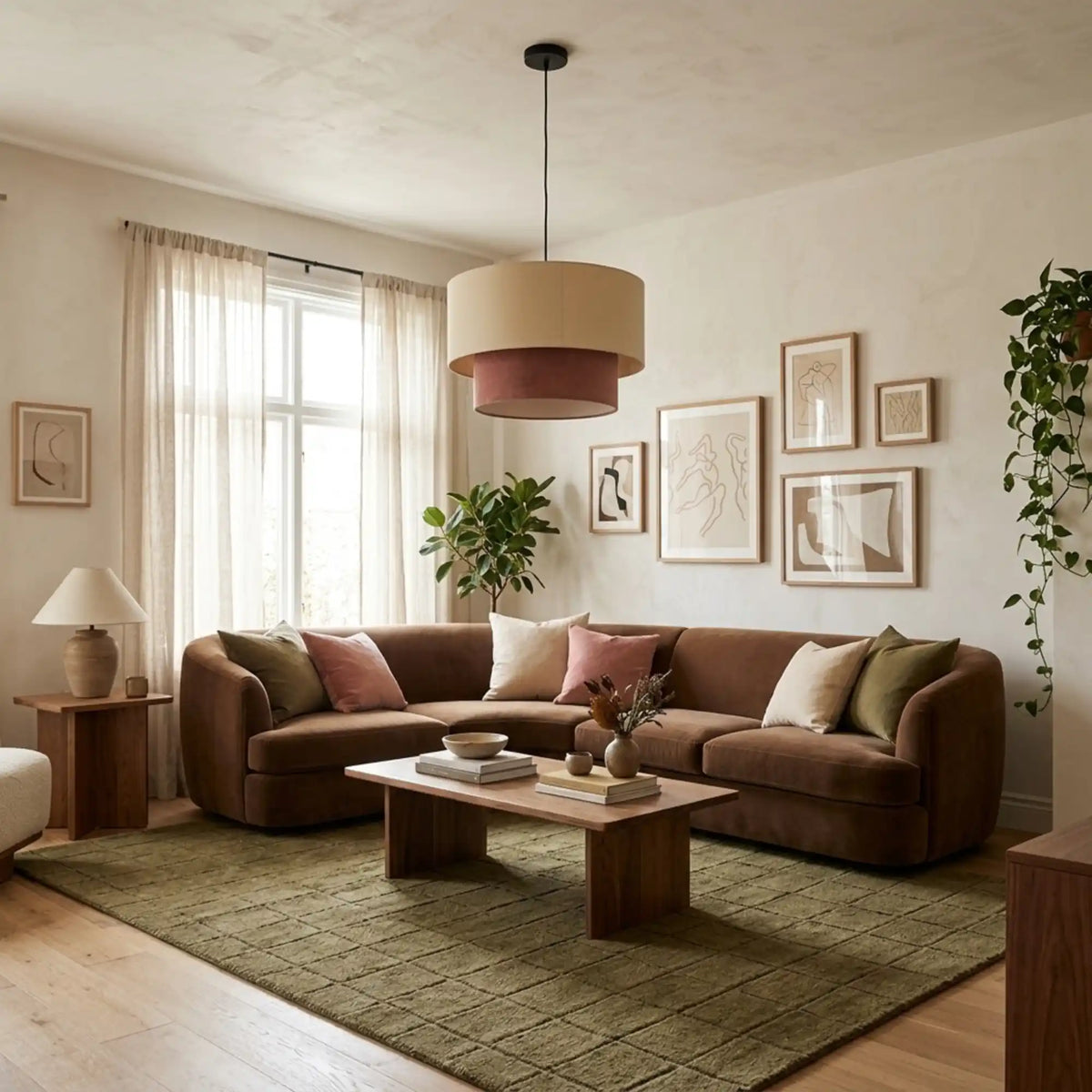 Suspension double tambour beige et vieux rose dans un salon au canapé d'angle marron et tapis vert