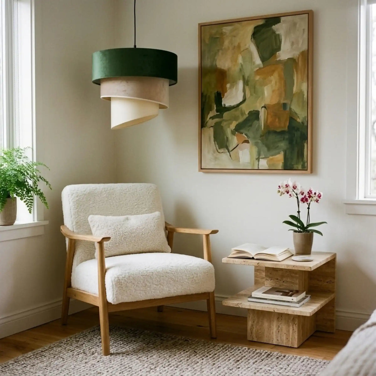 Lustre velours vert et crème dans un coin lecture avec fauteuil bouclette écru et table en travertin