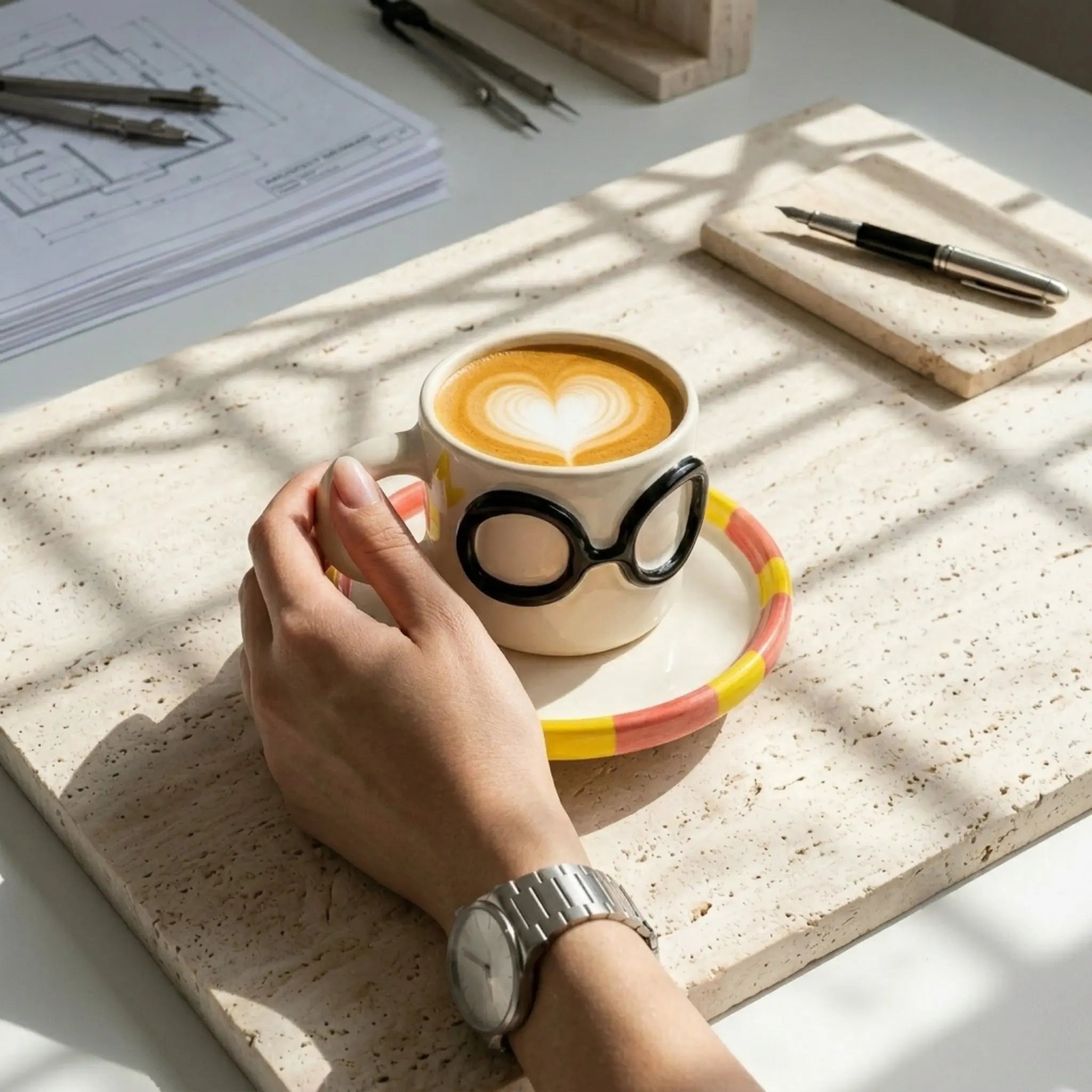 Mug Harry Potter céramique latte art fumant livre
fait main Tunisie soucoupe rayée — Fiolla Home