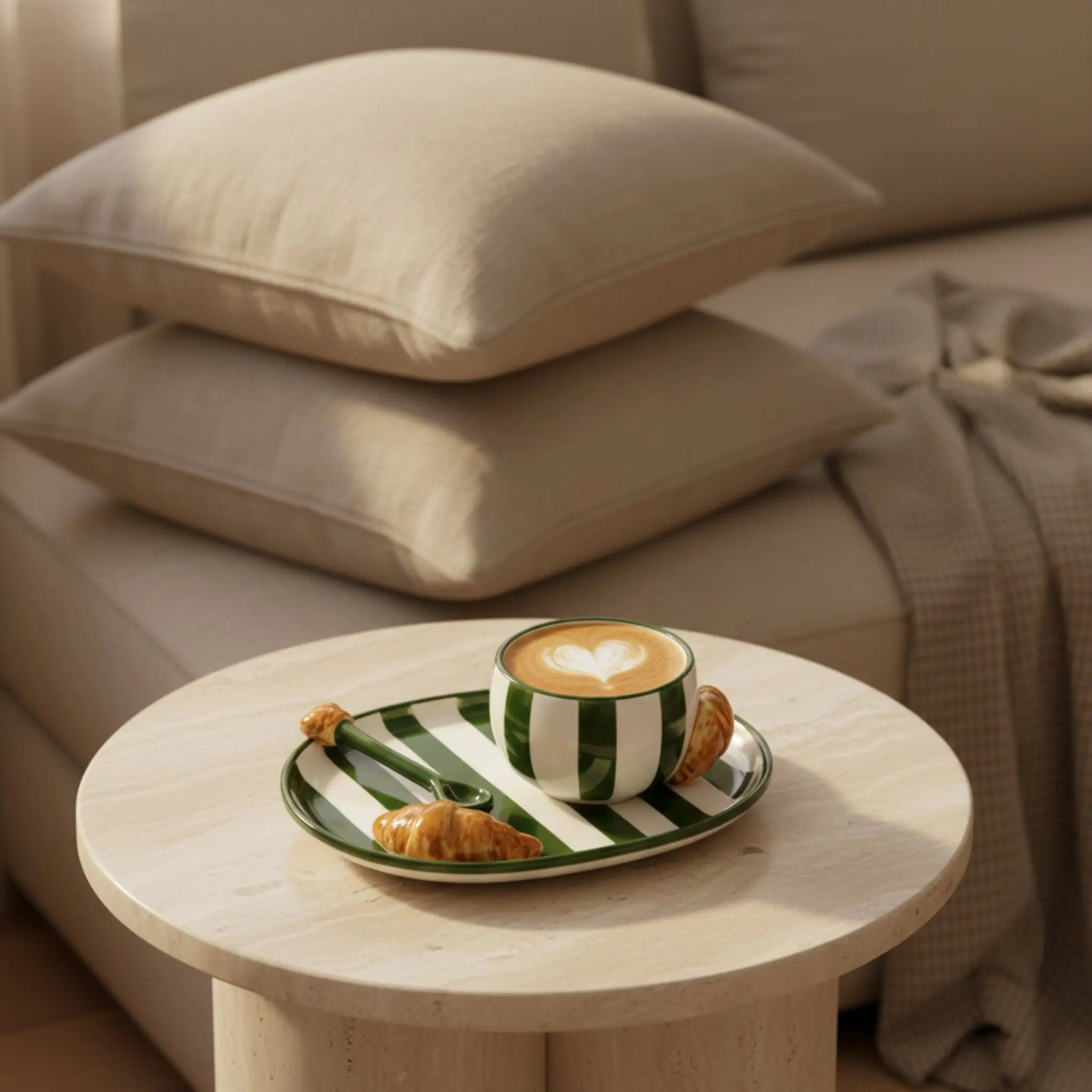 Céramique artisanale mug croissant rayé vert unique
fait main Tunisie — tasse originale Fiolla Home