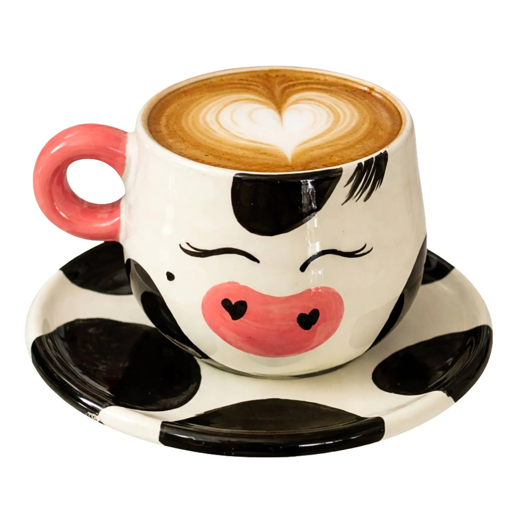 Mug vache kawaii céramique fait main Tunisie visage
souriant anse rose soucoupe — tasse Fiolla Home