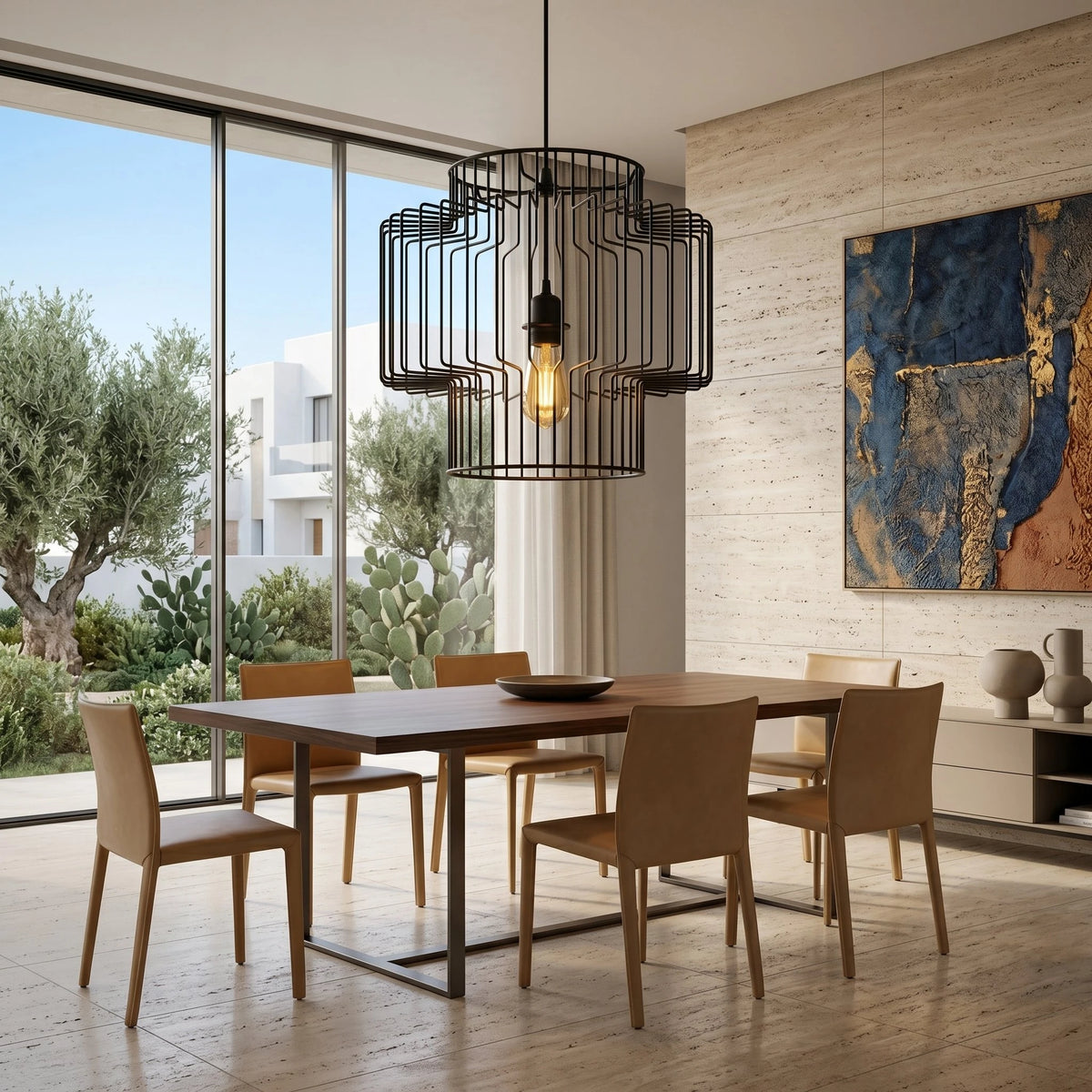 Lustre cage noire filament Edison au-dessus d'une salle à manger moderne Tunisie