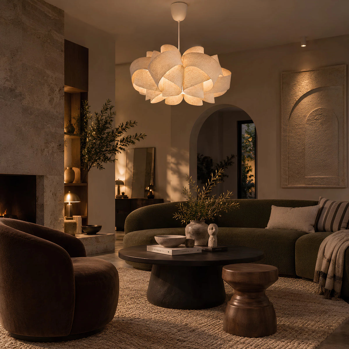 Suspension fleur en lin – salon moderne