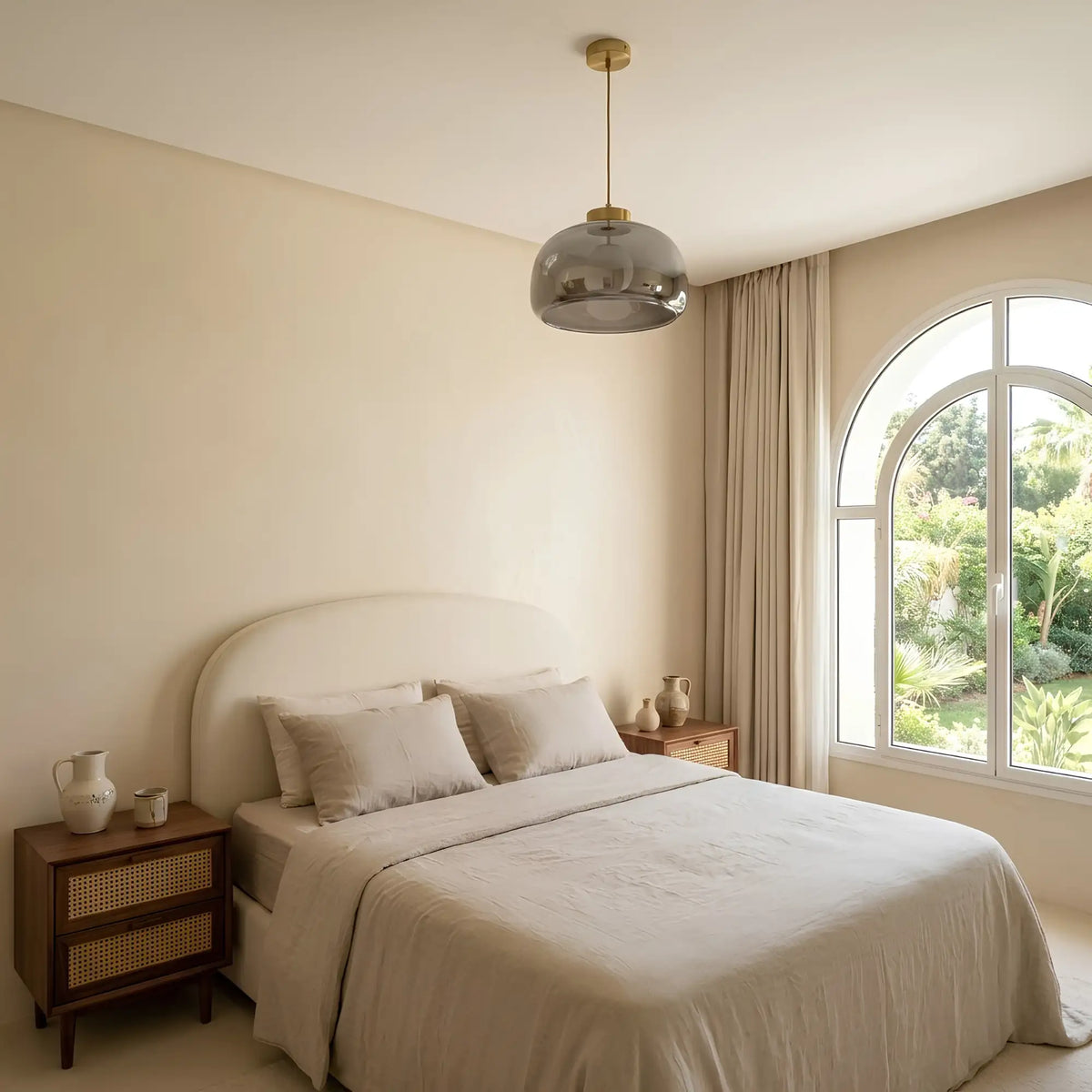 Lustre en verre fumé noir dans une chambre claire, tête de lit arrondie et fenêtre en arche sur jardin