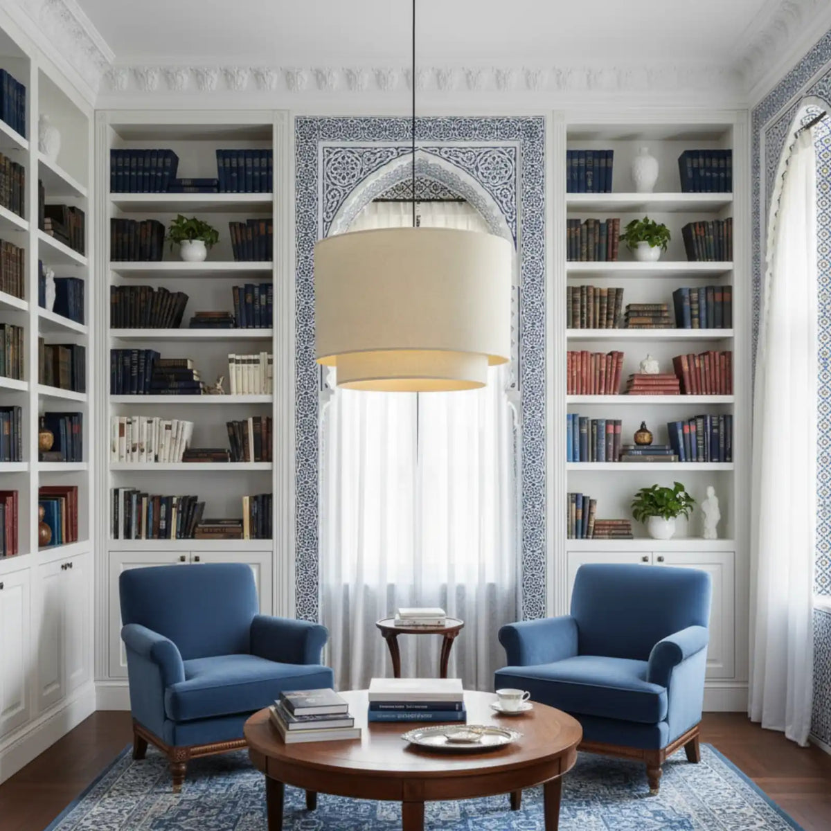 Suspension en tissu beige allumée dans un salon bibliothèque aux fauteuils bleus et alcôve en arche