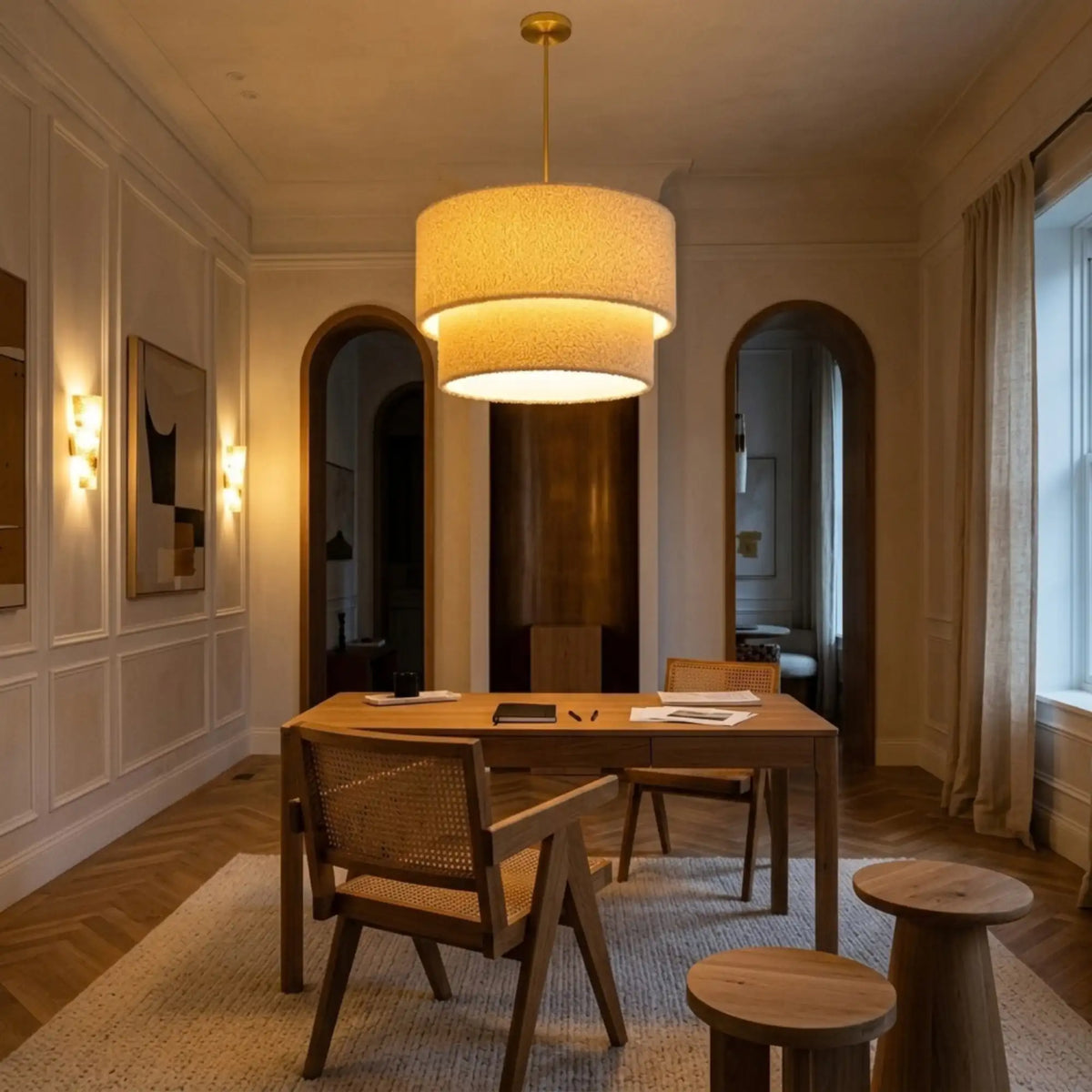 Lustre en tissu bouclette allumé en soirée, lumière chaude au-dessus d'une table en bois
