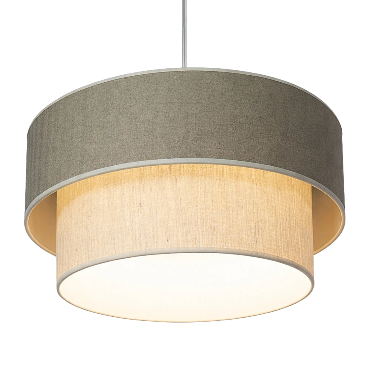 Suspension artisanale double tambour, gris taupe et beige crème, de Fiolla Home, sur fond blanc