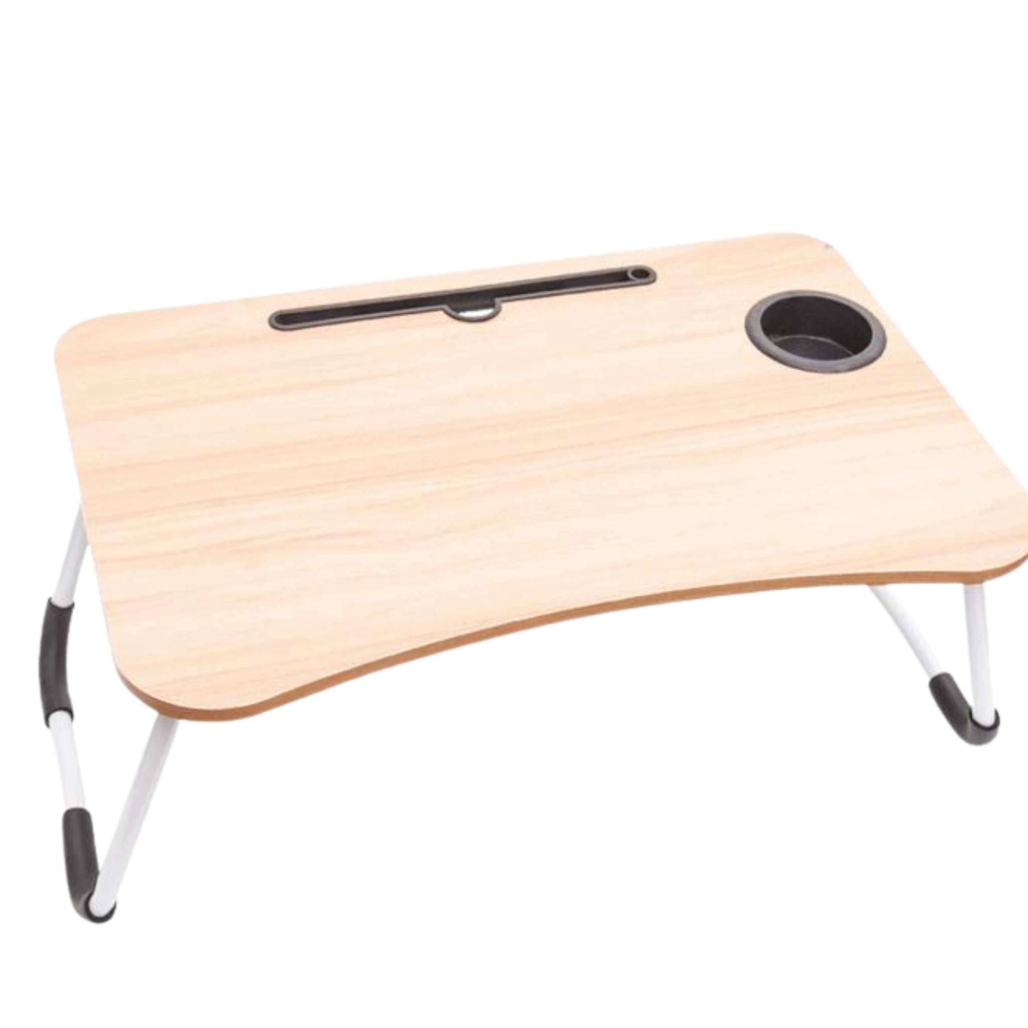 Table de lit pliante en bois clair, avec un porte-gobelet et une rainure pour tablette, disponible en Tunisie.