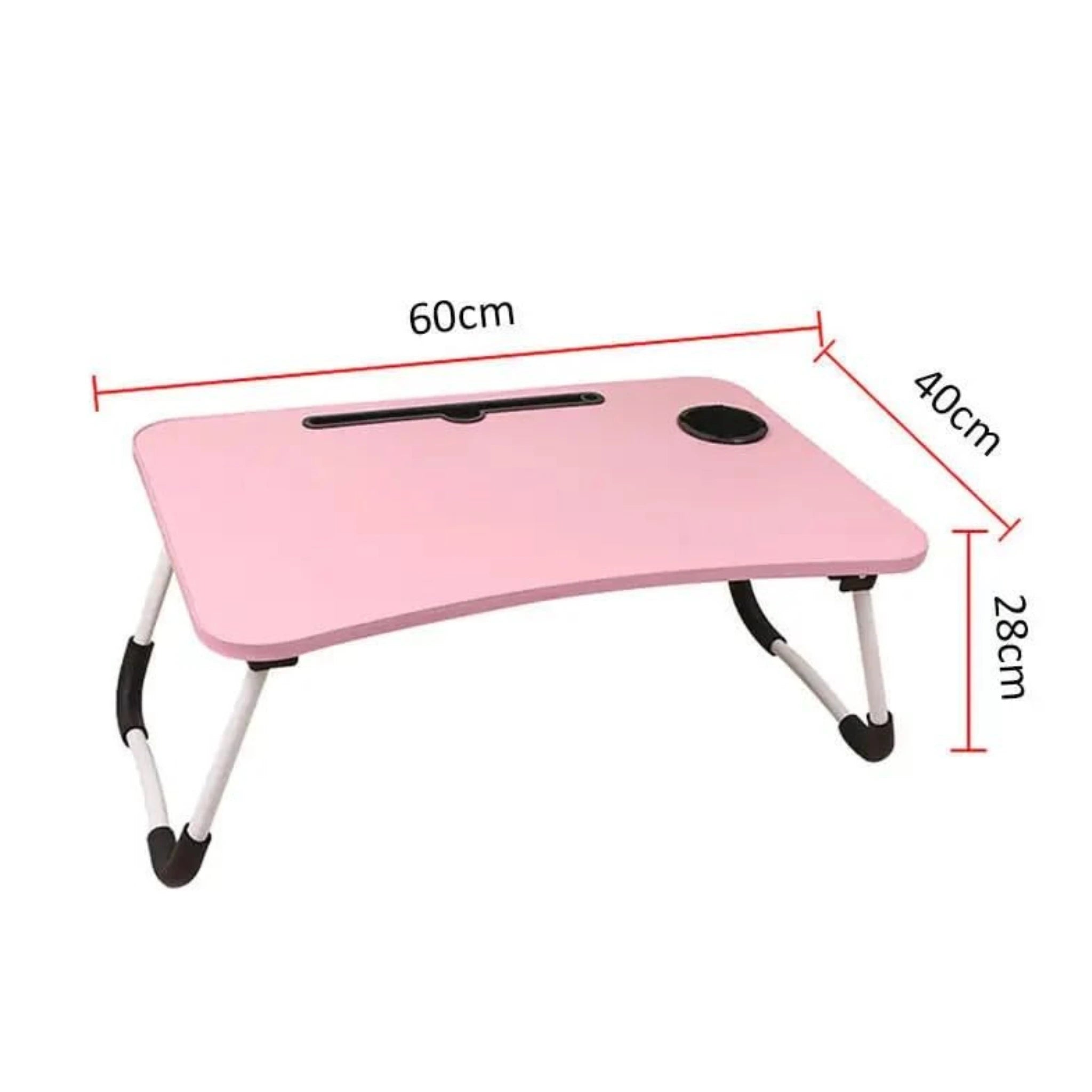 Table de lit pliante rose avec les dimensions affichées (60 cm de largeur, 40 cm de profondeur et 28 cm de hauteur), disponible en Tunisie.