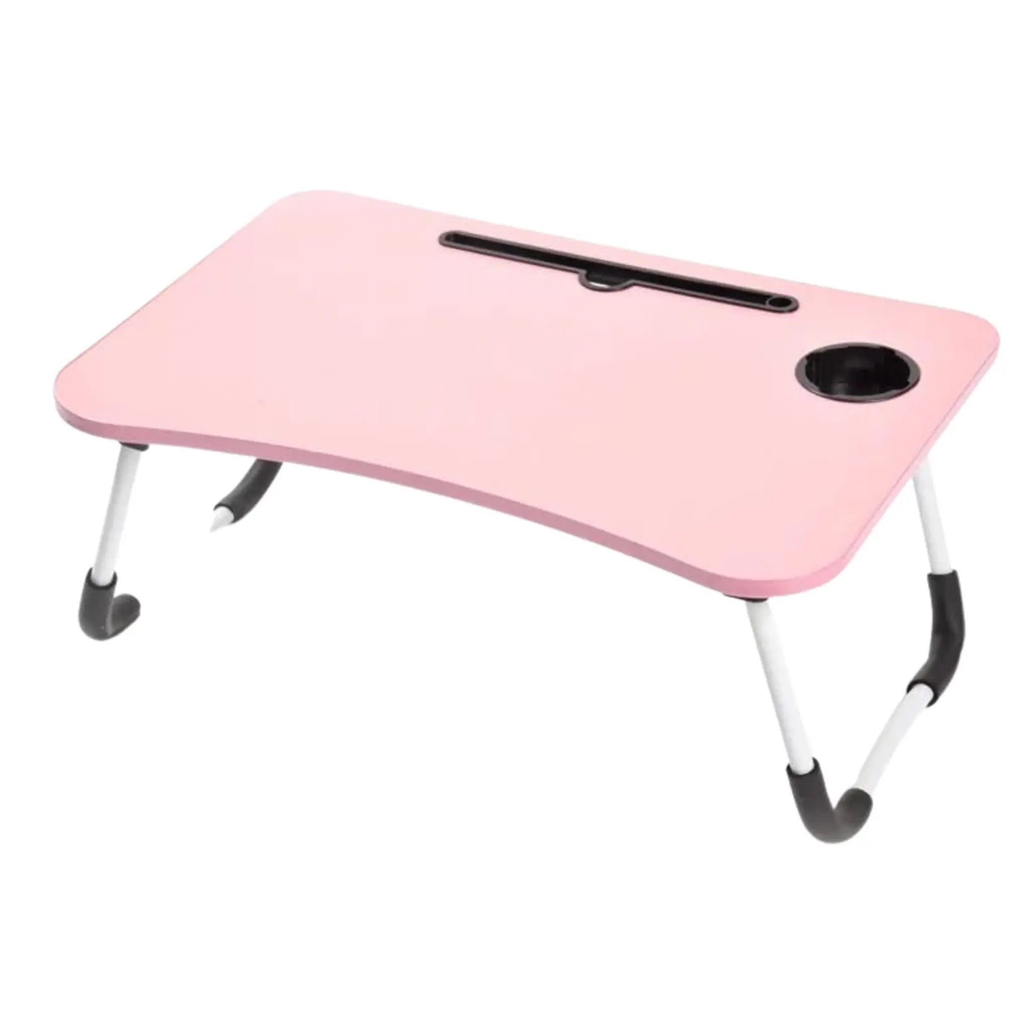 Table de lit pliante rose, avec un support pour tablette et un porte-gobelet intégré, disponible en Tunisie.